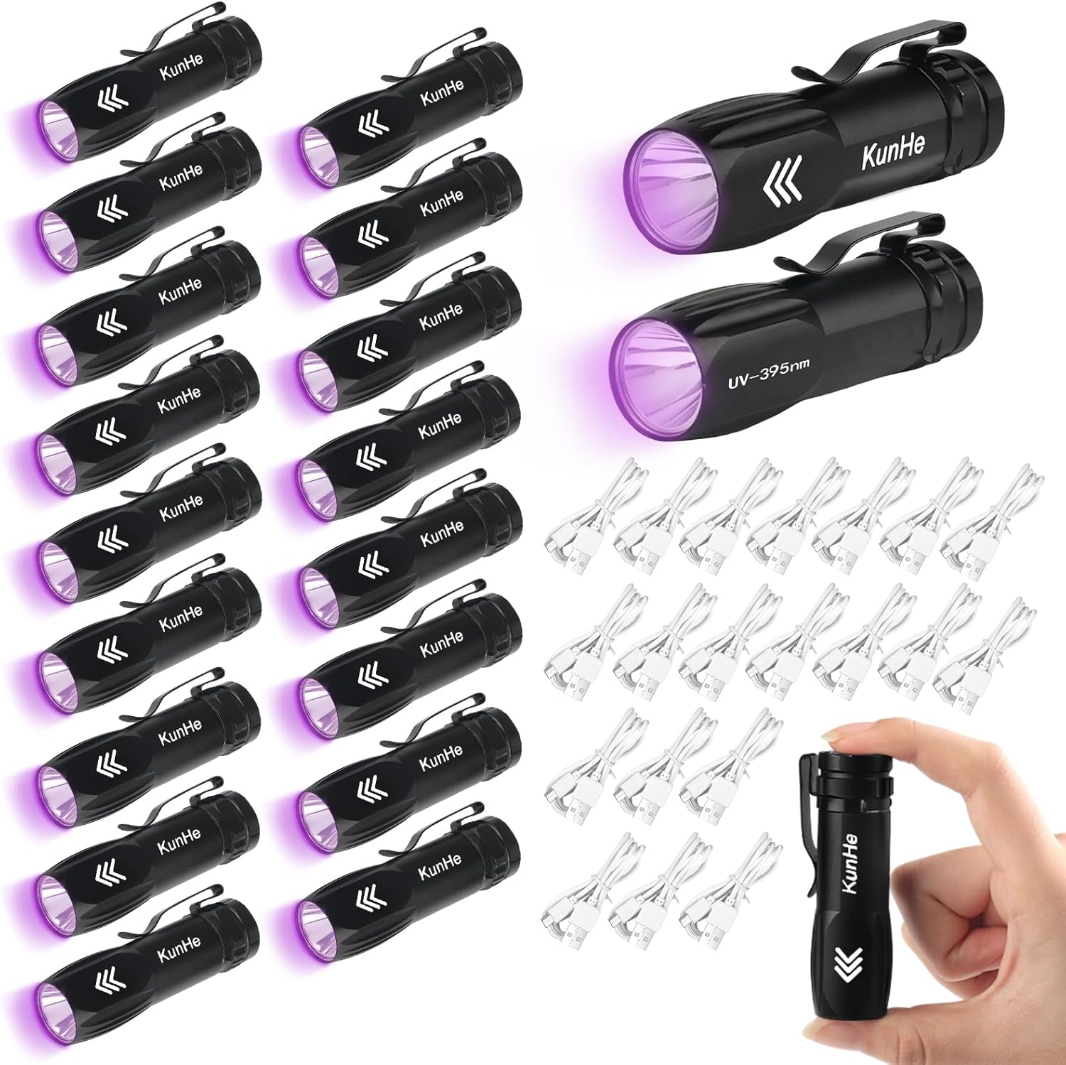 KunHe 20 Pack Mini UV 395nm Flashlight 3W Rechargeable UV Flashlight Bulk for Hotel Cleaning Pet Stain Detection Scorpion Seeking Mineral Identification Resin Curing