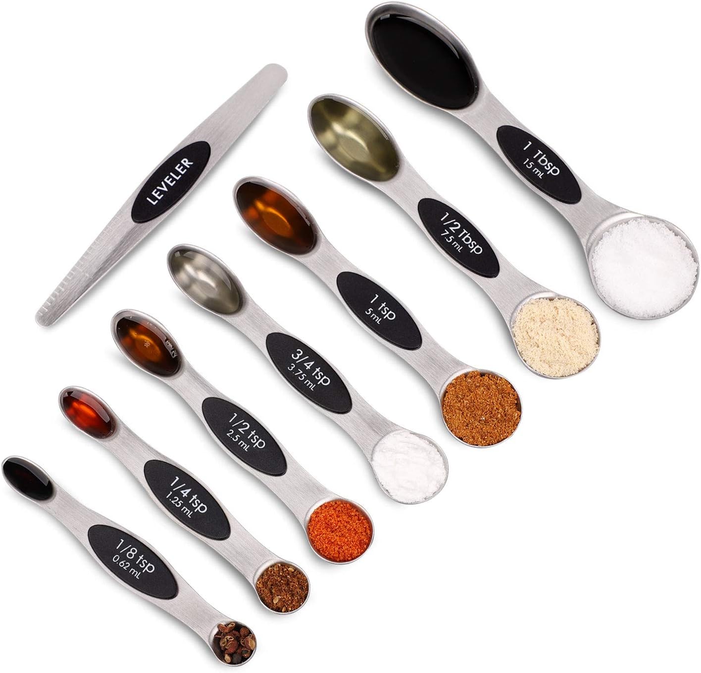 PAKITNER Magnetic Measuring Spoons Set, Dual Sided, Stainless Steel, Fits in Spice Jars, Set of 8 - Black
