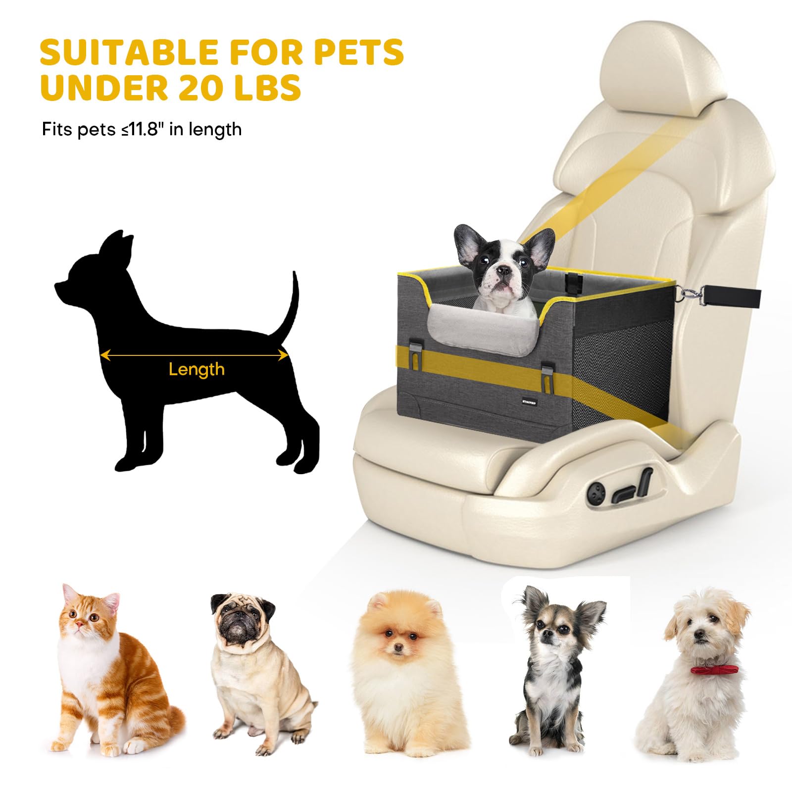 GENORTH Dog Car Seat for Small Dogs,Detachable Pet Car Seat Under 20 lbs,Dog Booster Seat with Cozy Chin Rest,Cushion and Safety Belt, (Gray) - image 5