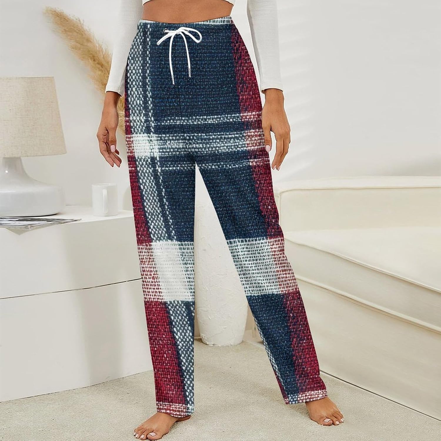 Check Pattern Red and Blue Plaid Pajama Pants Women Flannel Lounge Sleep Bottoms PJ Sleepwear