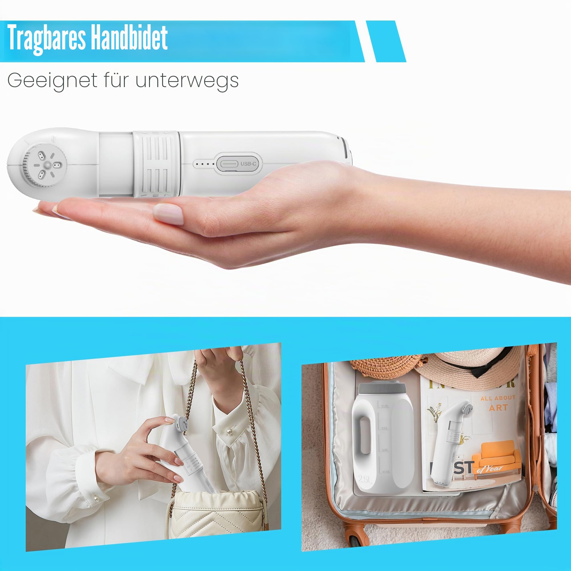 Bidet-Sprühgerät, tragbar, für Badezimmer, Bidet, tragbar, elektrisch, für Reisen, Hygiene von Intimbereichen, mit 2,5 l Tank für Auto, Badezimmer, Toilette, Camping, Schwarz