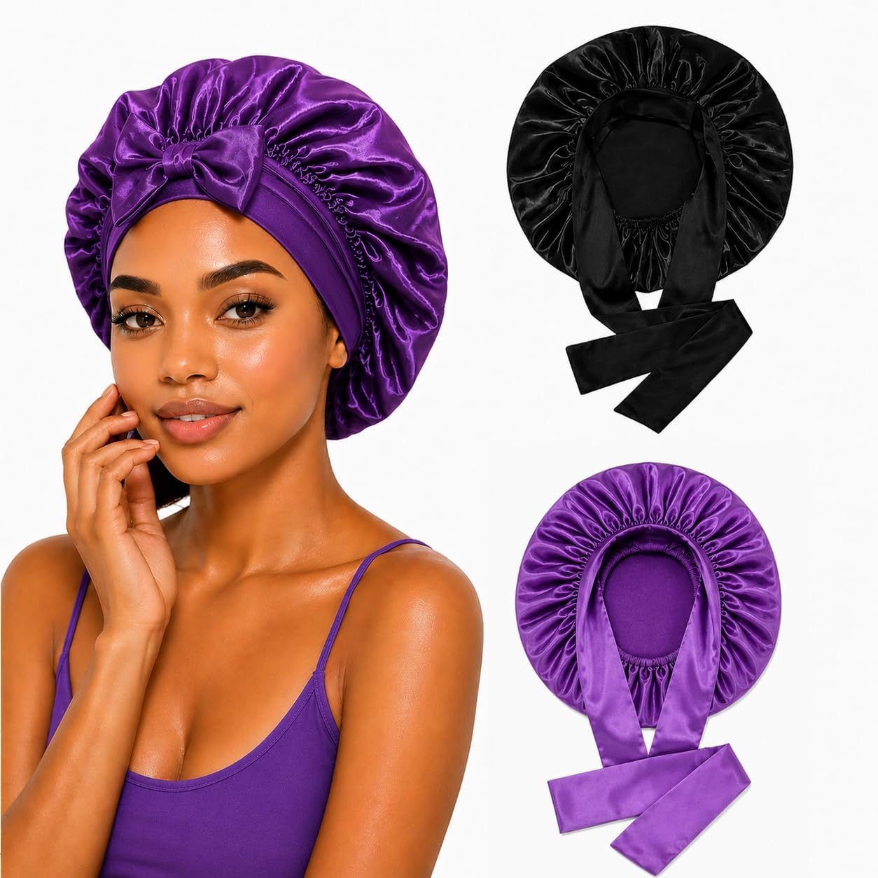 Silky Satin Hair Bonnet for Sleeping, Pack of 2, Adjustable Tie Band, Large Size, Sleep Cap for Curly, Braids, Natural Hair