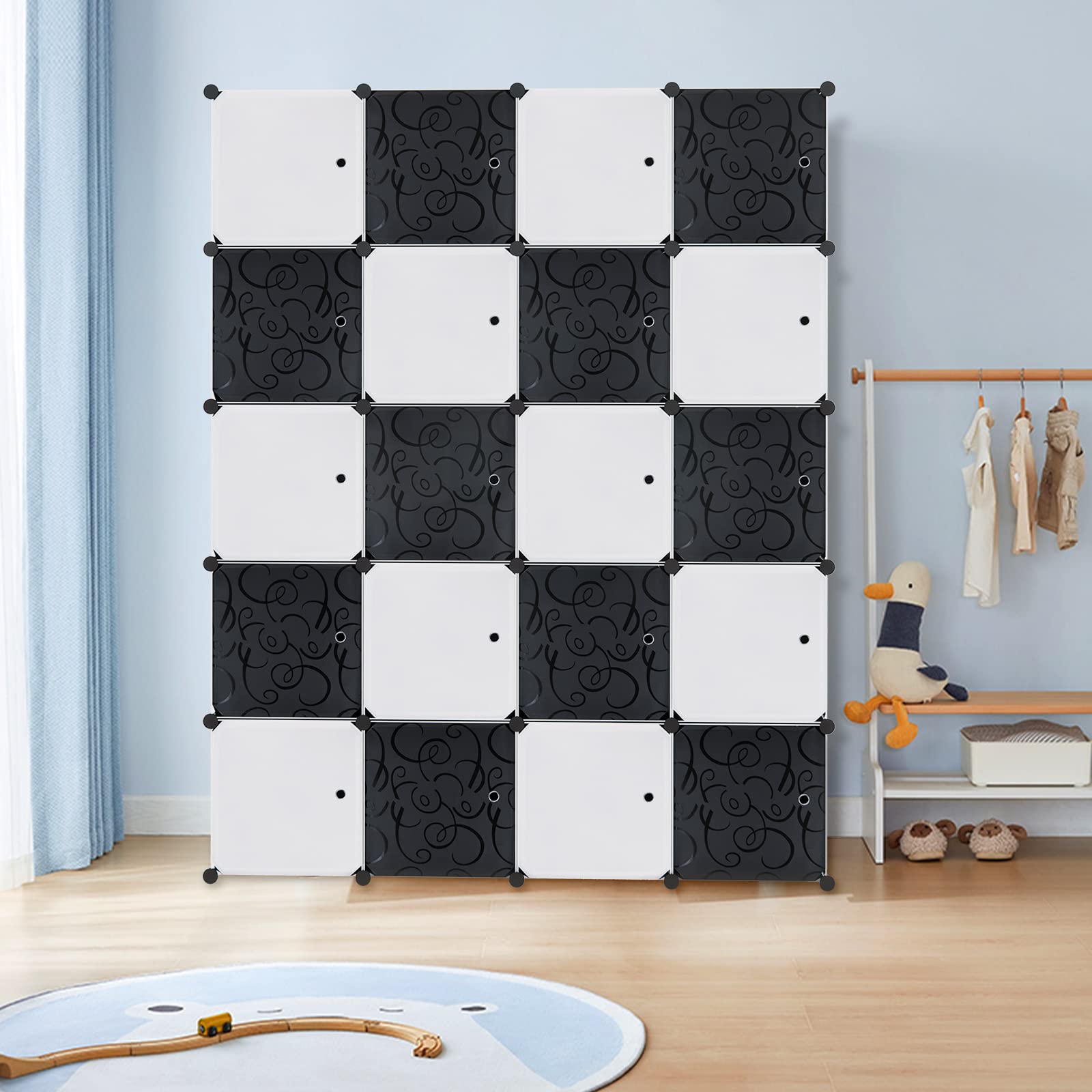 LILIIN Penderie - Système d'étagères portables - 20 cubes - En plastique - Avec 2 tringles à vêtements - Armoire de chambre à coucher - Armoire portable pour vêtements, livres, jouets - 145 x 178 x 37