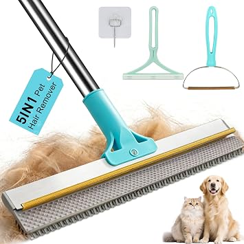 Vivifying Carpet Rake Pet Hair Remover Set, 56" Handle + 2 Handheld Tools | Deep Cleans Pet Hair from Carpets, Rugs, Mats & Upholstery; Long Handle for Floors, Handheld Tools for Quick Touch-Ups