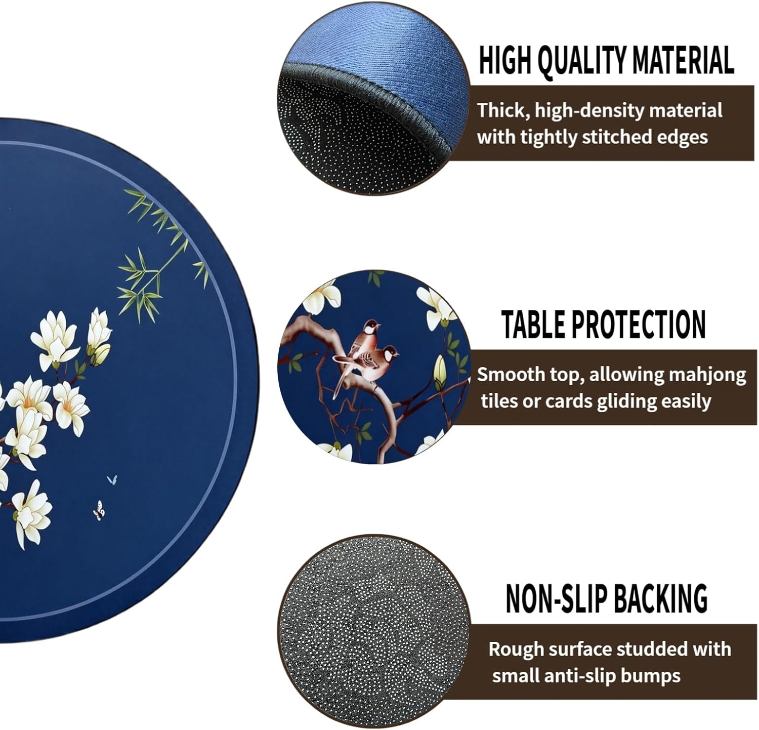 Round Mahjong Mat 47 Inch, Non-Slip Table Topper with Rubber Backing, Large Playmat for Poker, Cards, and Board Games (Blue,120cm)