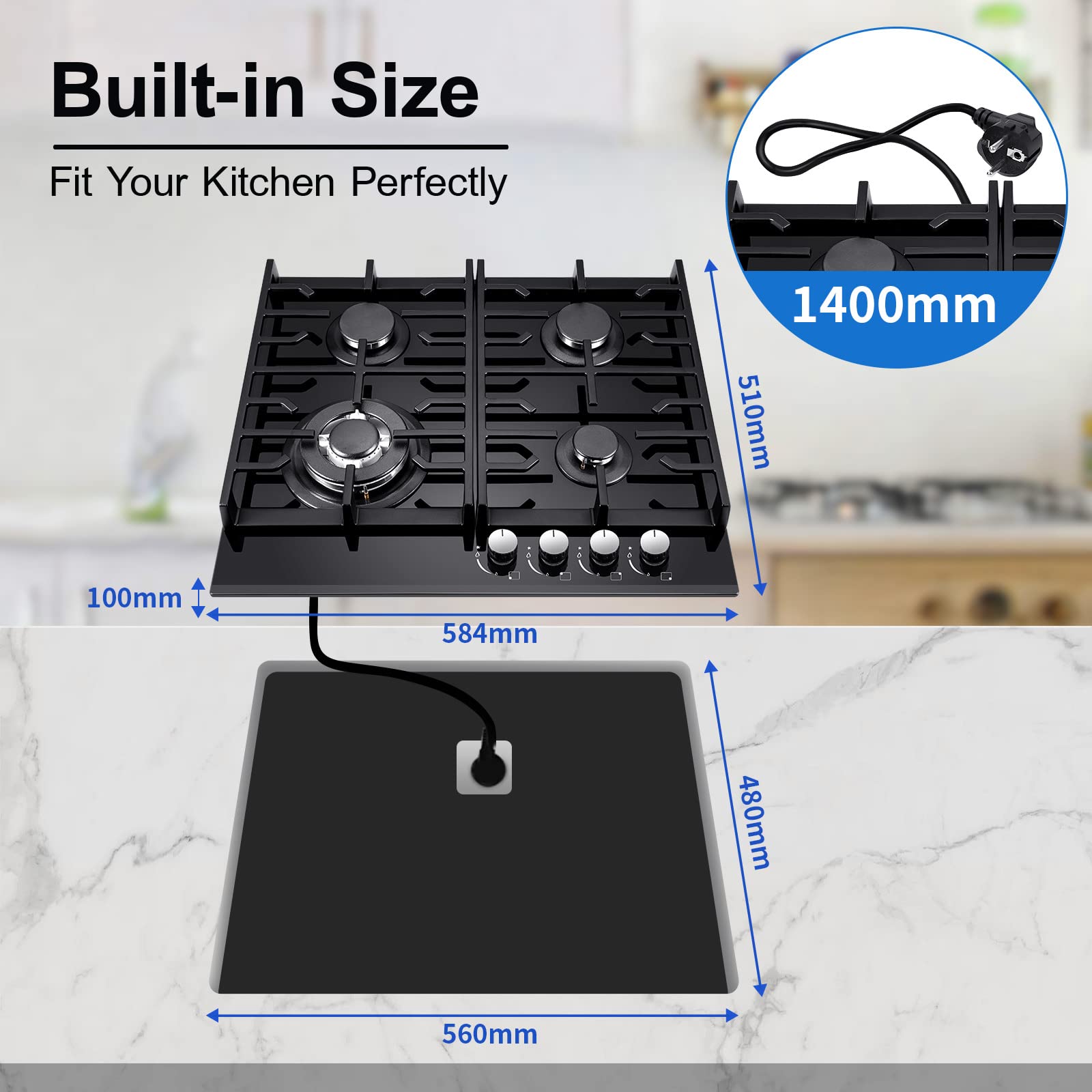 TopStrong Cocina de gas de 4 fuegos, placa negra de 60 cm, hornillos de gas de 4 fuegos, vidrio templado, soportes de hierro fundido, natural/propano