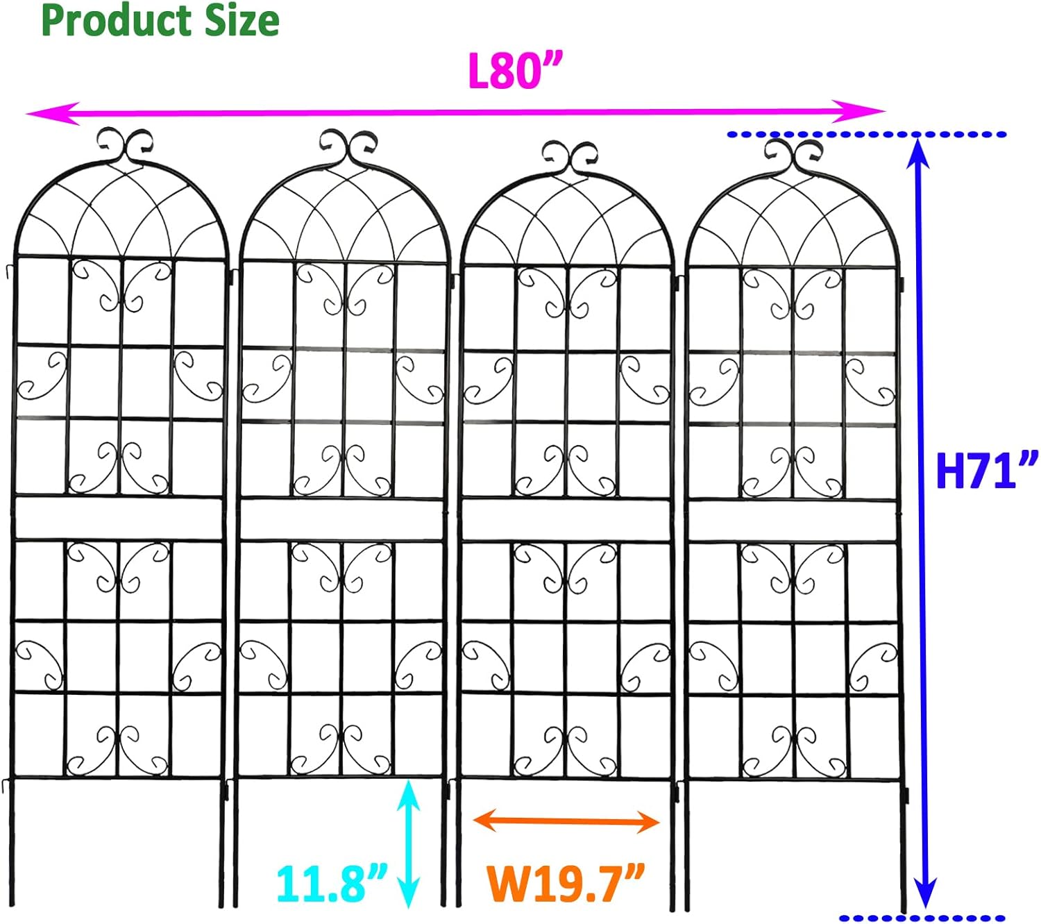 4 Pack 71"x80" Metal Garden Trellis with Galvanized Tube,Vines Plant Rose Vegetable Support,w/Pre-Cut and Pre-drilled Holes,Large Decorative Outdoor,for Backyard,Farm,Black