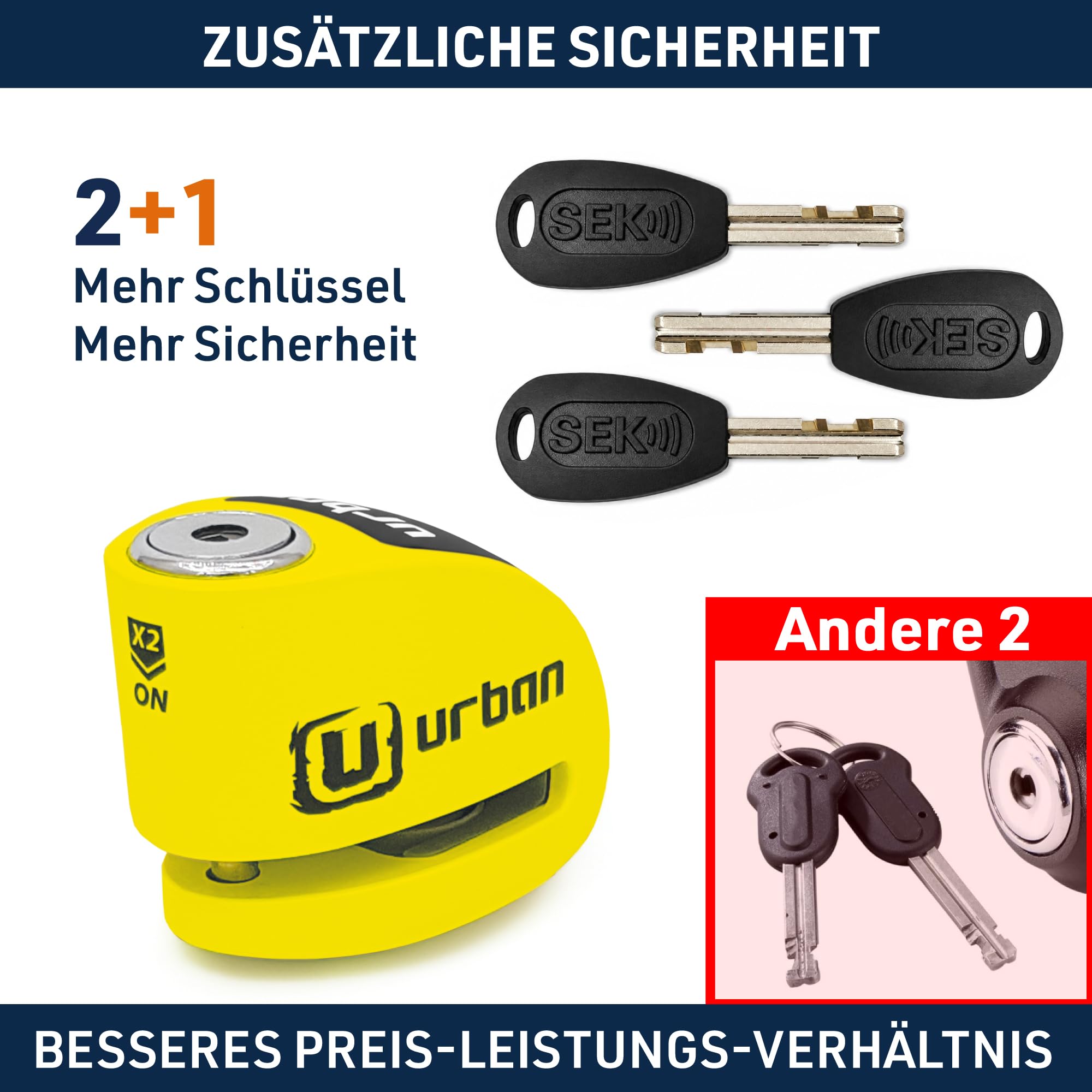 URBAN UR906Y Bremsscheibenschloss Motorrad mit 120dB Alarm X2 ON, Wasserdicht Austauschbares Modul, CR2 Batterie, Erinnerungskabel, 6mm Universelles Motorrad Schloos für Roller E-Bikes E-Scooter