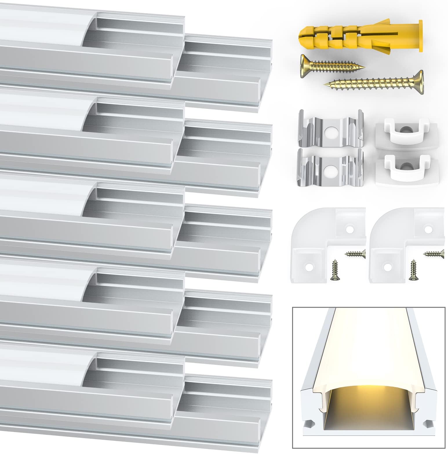 Jirvyuk 10 Pack 1m/3.3ft LED Profile Strip, U-Shape Aluminum Channel with Milky White Cover, End Caps, Mounting Clips and Screws - Indoor Modern Decor String Light
