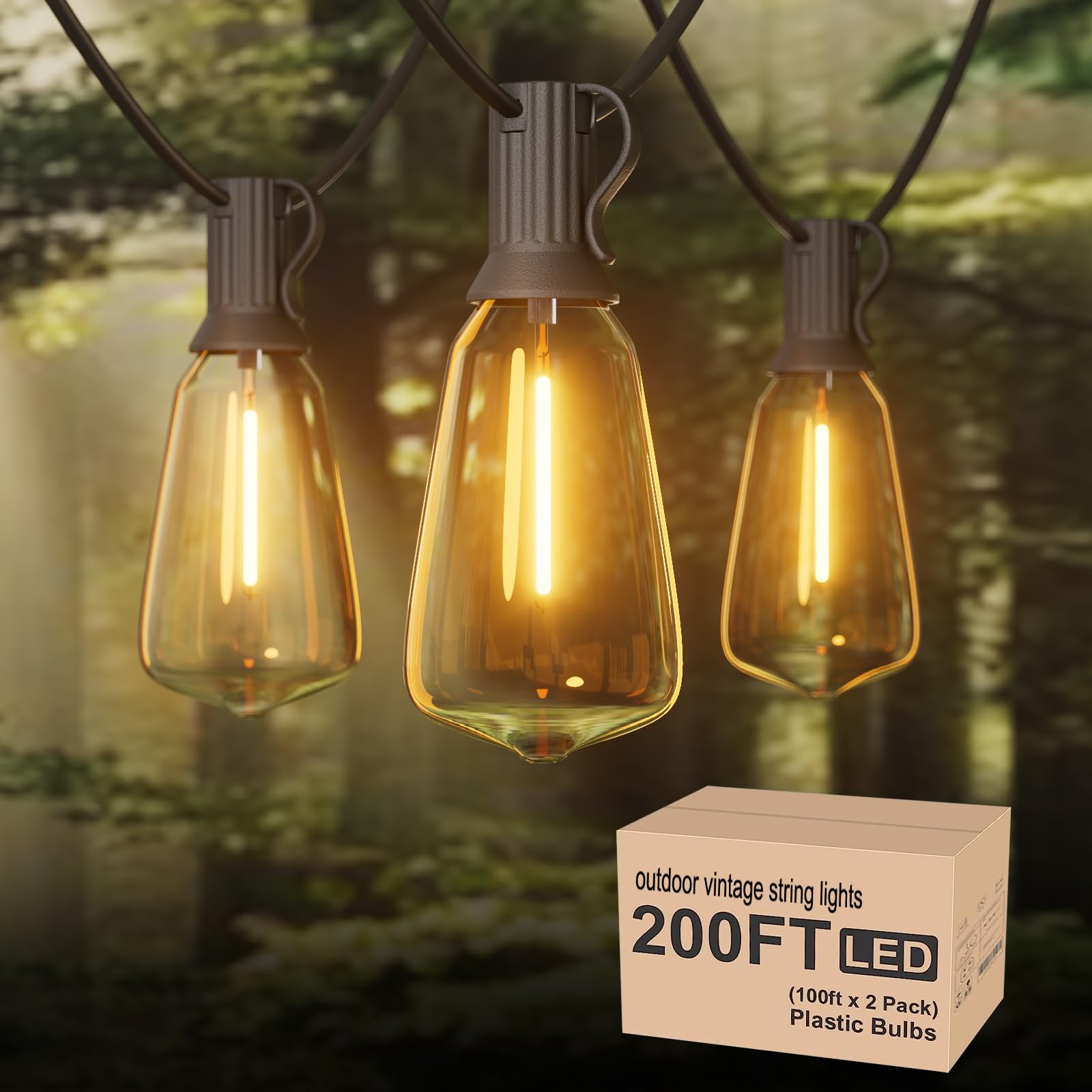 Yuucio Outdoor String Lights, 200FT LED Patio Lights with 104pcs Dimmable Vintage ST38 Plastics Bulbs, Waterproof Shatterproof String Lights, Outside Hanging Lights for Balcony Cafe Backyard Bistro