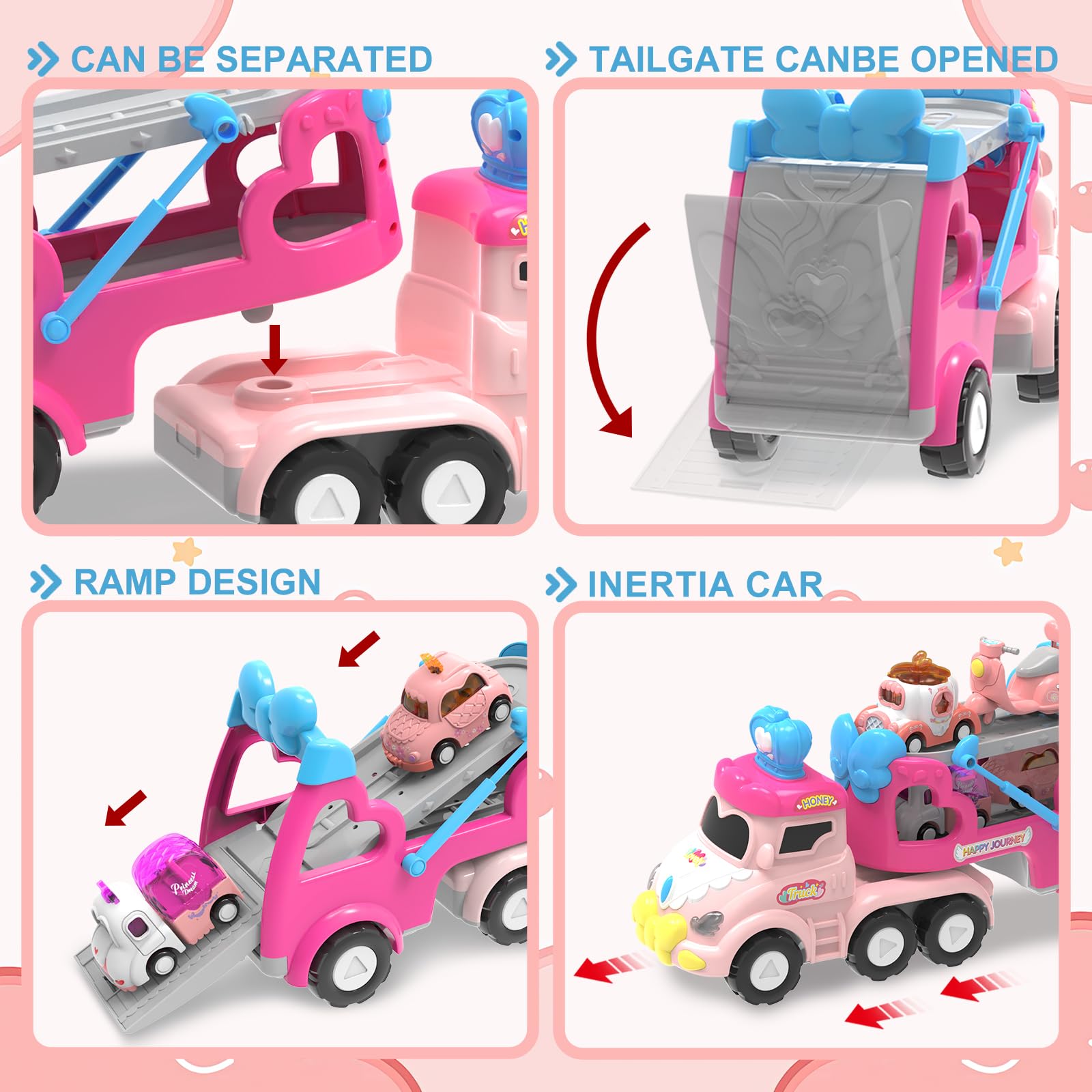 9 en 1 Camión Transporte Coches con Luces y Sonidos,Juguetes Niñas 2 3 4 Años,Regalo para Niña de 1 2 3 4 Años - 5