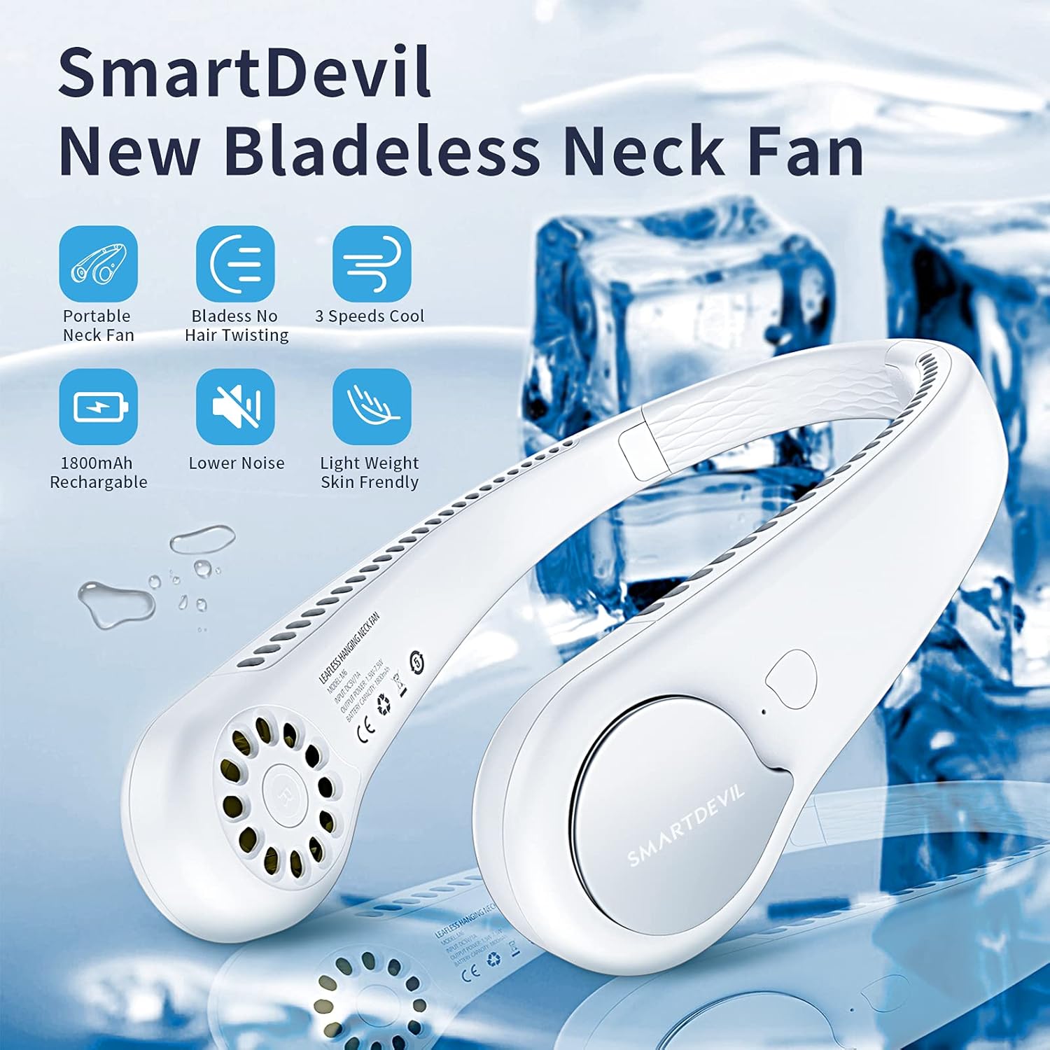 SmartDevil Portable Neck Fan, Hands Free Bladeless Neck Fan, Rechargeable Battery Operated Wearable Personal Fan, 360° Cooling Hanging Neck Fan, 3 Speeds, 48 Air Outlet, for Travel, Outdoor (White) : Home & Kitchen