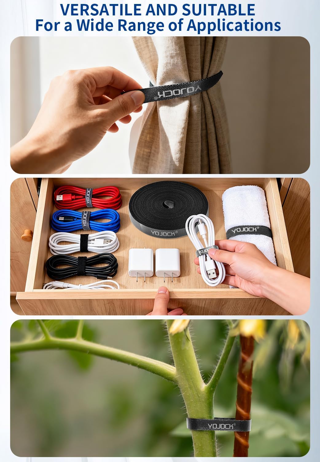YOJOCK 16Ft x 0.39In Adjustable Cable Straps Reusable Nylon Securing Cord Ties 0.39 inch Wide Cable Ties Hook and Loop Securing Strap for Cable Tidy, Wire Management, Cord Organiser, Black (16ft)