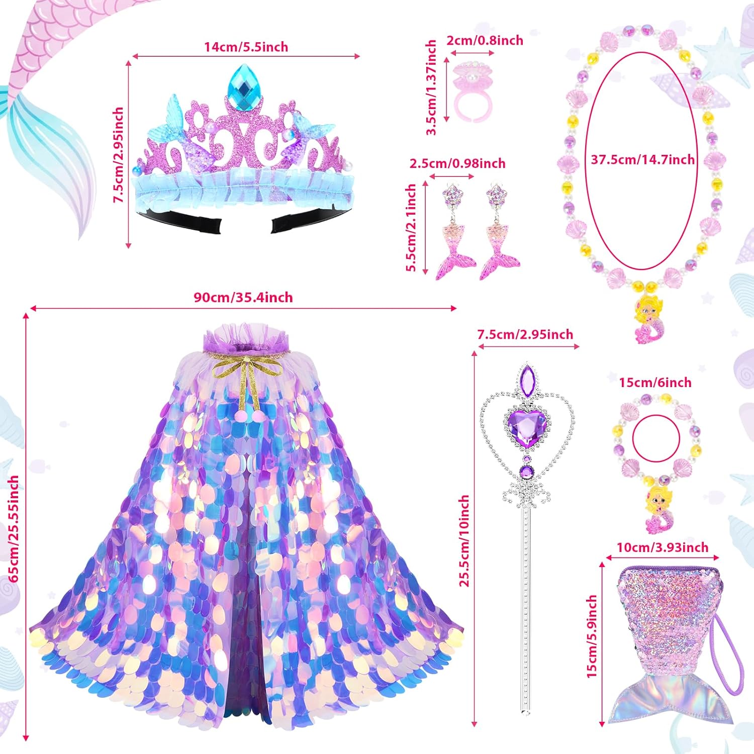 Princess Dress Up Toys Princess Dress Up Clothes Rainbow Mermaid Cape Kit 9 Pcs Gift Set for Little Girls 3-8 Years - Image 2