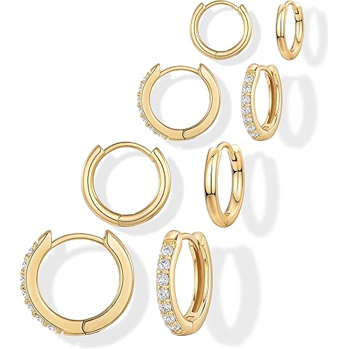 Gokeey Small Gold Huggie Hoop Earrings Set for Women 14K Real Gold Plated Hypoallergenic Hoop Earrings for Women Trendy Mini Tiny Cartilage Earrings Set for Multiple Piercing Jewelry Stack