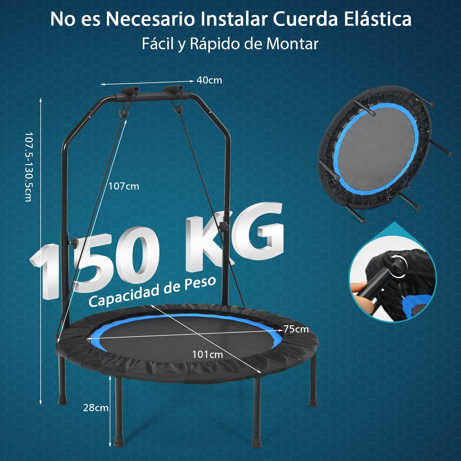 GYMAX Plegable Fitness Trampolín para Adultos y Niños, hasta 150 kg, Cama Elastica Fitness con Silencioso y Plegable, Mango de Espuma Ajustable en Altura y 2 Bandas de Resistencia