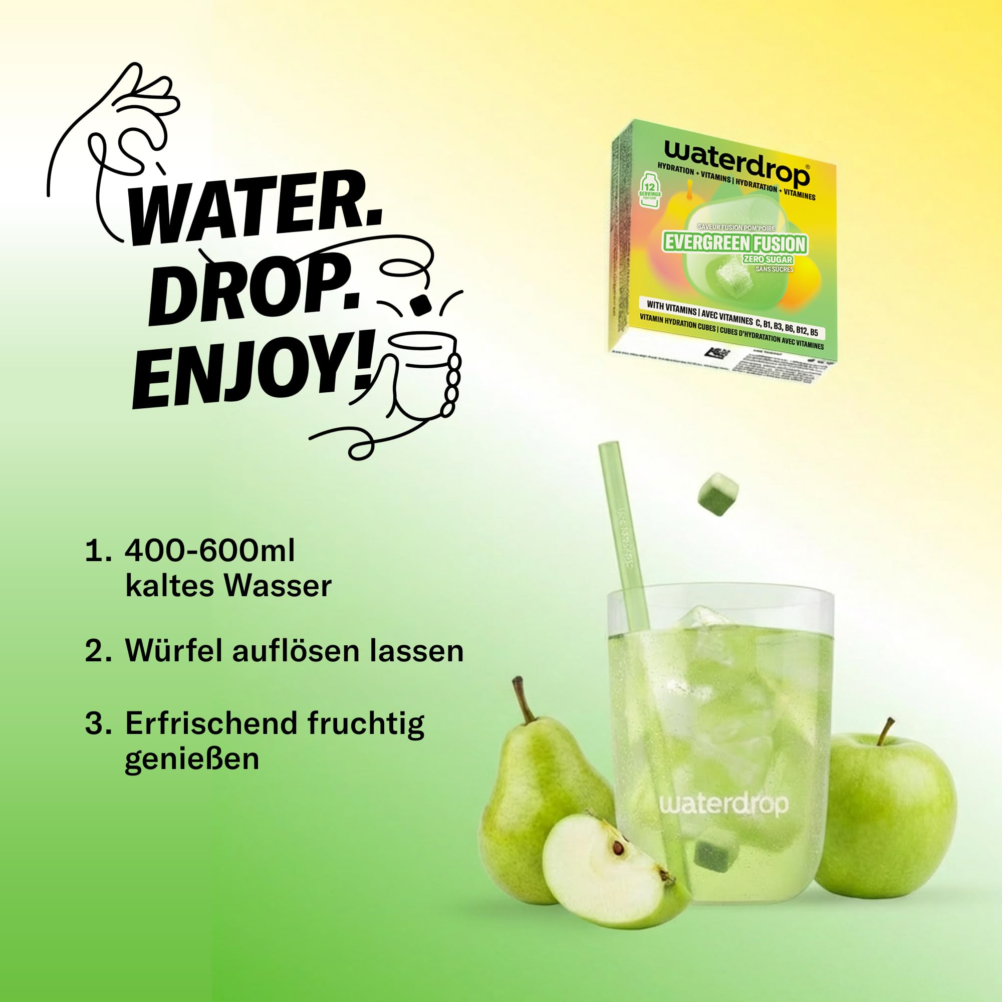 waterdrop® Wildberry, Paradise & Evergreen Fusion – 36 Waterdrop Würfel – Zuckerfreier Durstlöscher & Alternative zu Getränkesirup und Geschmackspulver – Geschmack für Wasser ohne Zucker - vegan