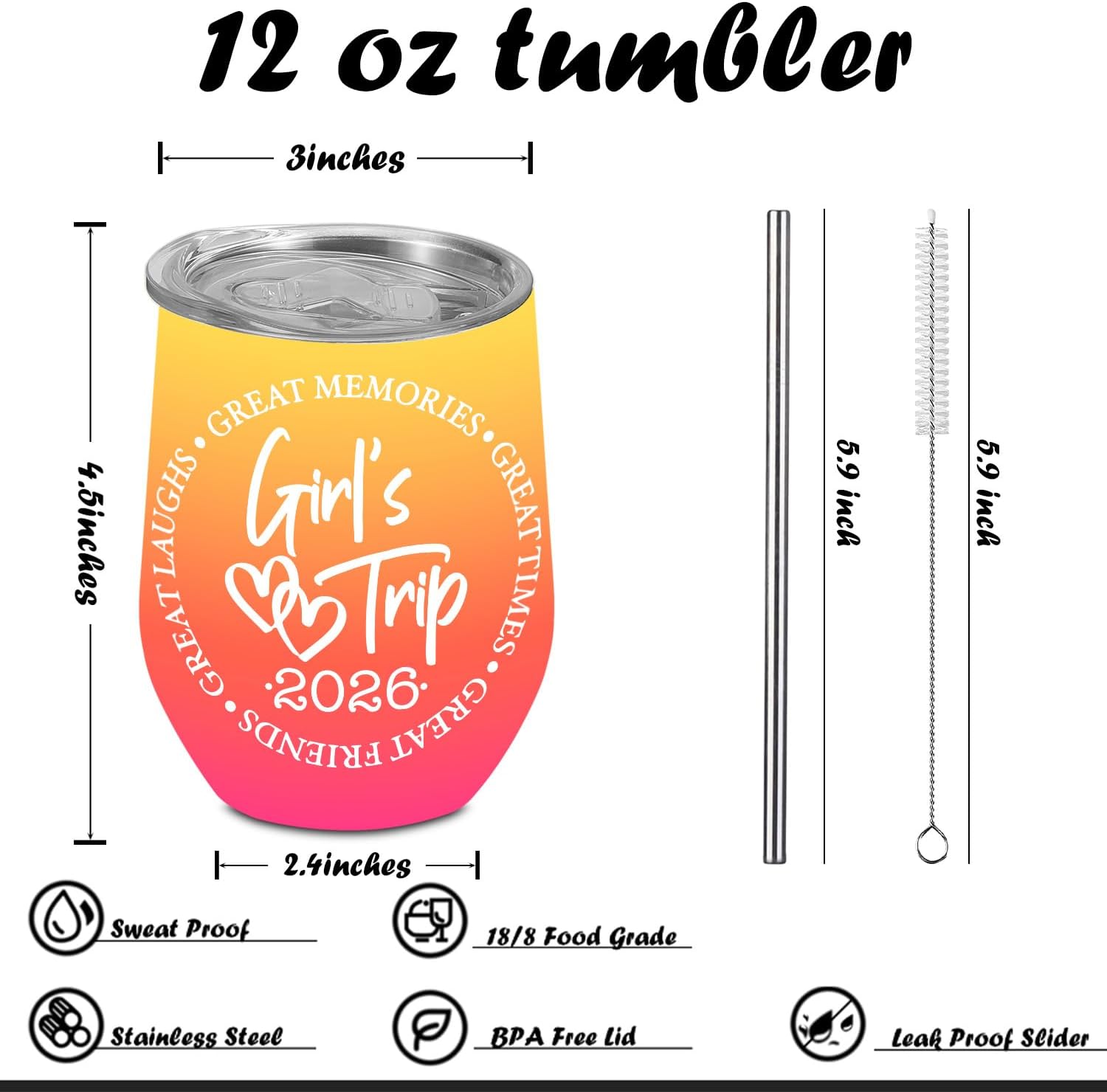 4 Pcs Girls Trip Wine Tumbler With Lid, 12 OZ Stainless Steel Tumbler, Girls Trip Gifts Favors Insulated Coffee Cup, Travel Mug Weekend Gifts for Friendship Vacation Bachelorette Party - Image 2