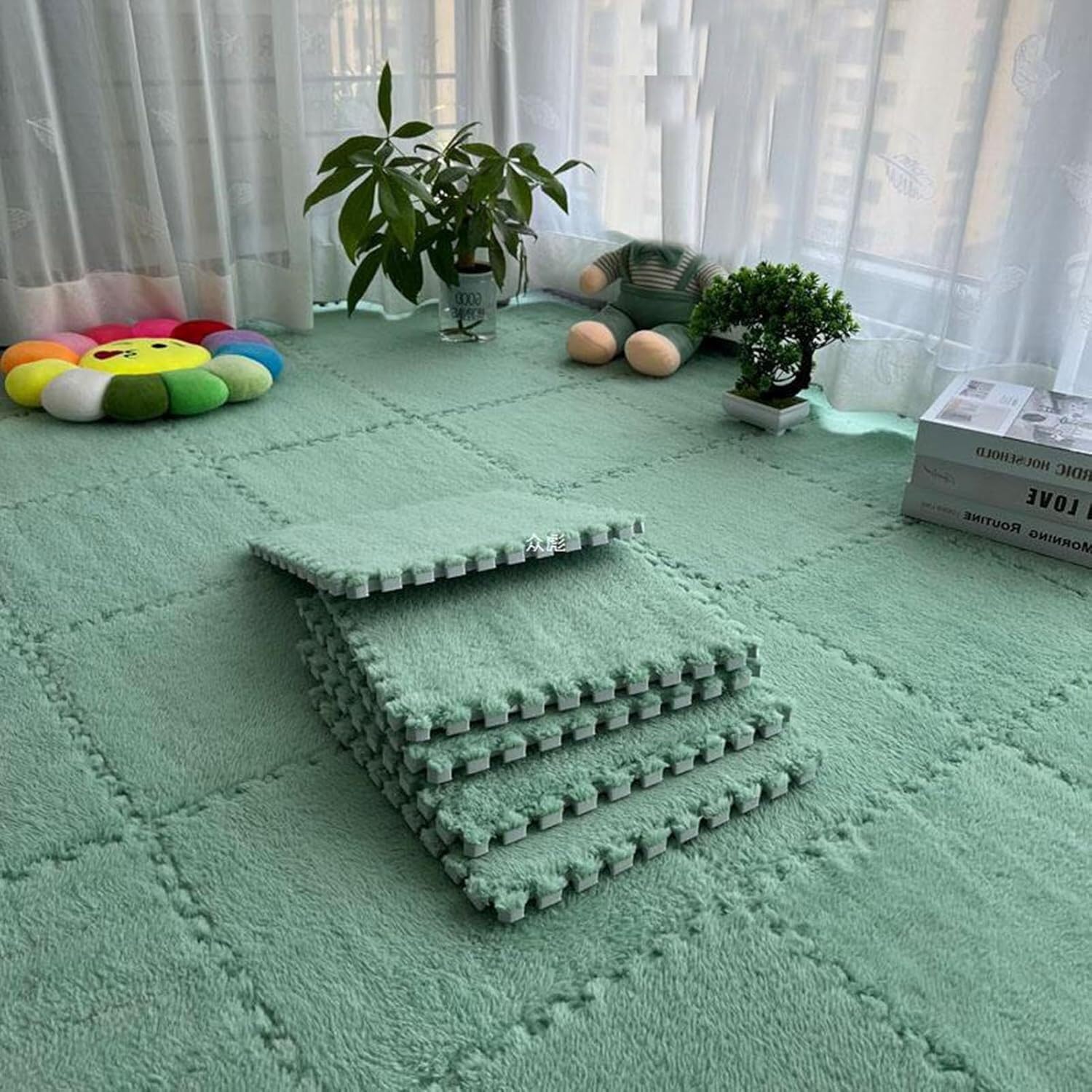 10 sztuk 60x60x1cm Pogrubione blokujące maty podłogowe Duży rozmiar Pluszowa pianka Puzzle Dywan Kwadraty Miękkie puszyste płytki podłogowe(Mint Green)