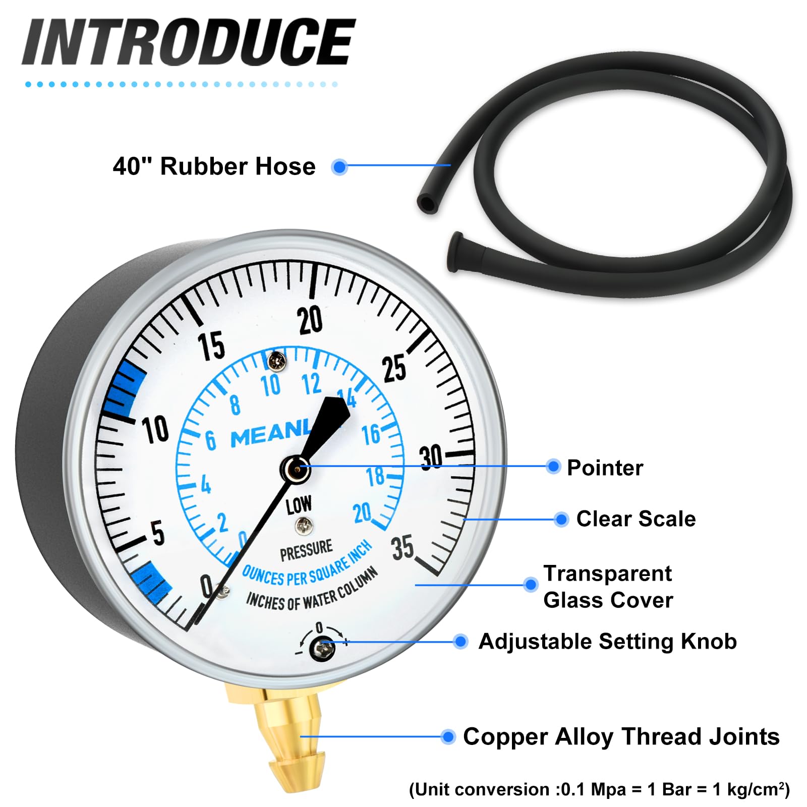 MEANLIN MEASURE Kit per test di pressione del gas collettore WC da 0 a 35 pollici, kit manometro per gas naturale o gas LP con tubo da 101,6 cm, raccordo BSP da 1/8" con connessione spinata e boccola