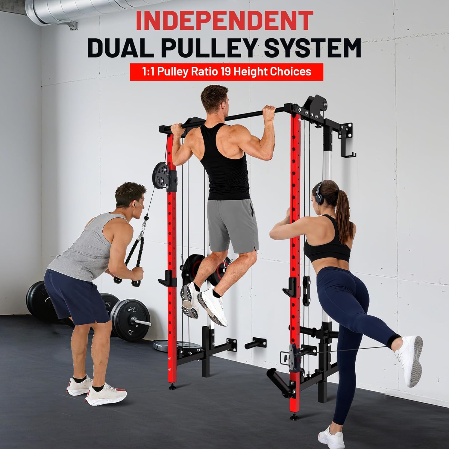 GarveeLife Folding Squat Rack, Wall Mounted Power Rack with Pulley System & Pull Up Bar, Compact Fitness Equipment with 5 Adjustable Function Modes for Small Spaces, Garage, Apartment, Red