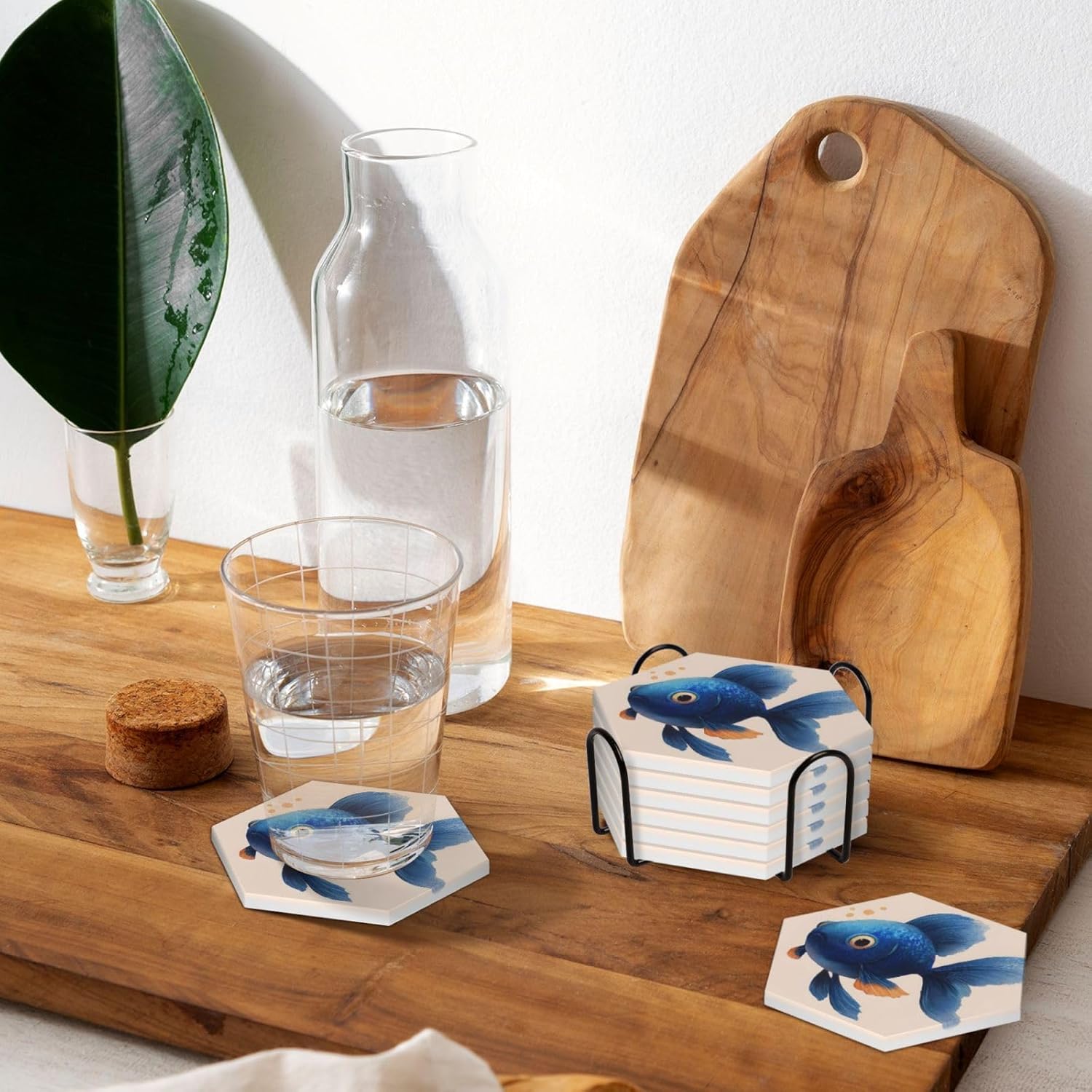 (Cute Blue Fish) Ceramic Coasters Set of 6 with Holder Non-Slip Hexagon Coffee Coasters for for Cup Mug Drink Patio Coffee Table Decor, Christmas Coasters Home Bar Supplies