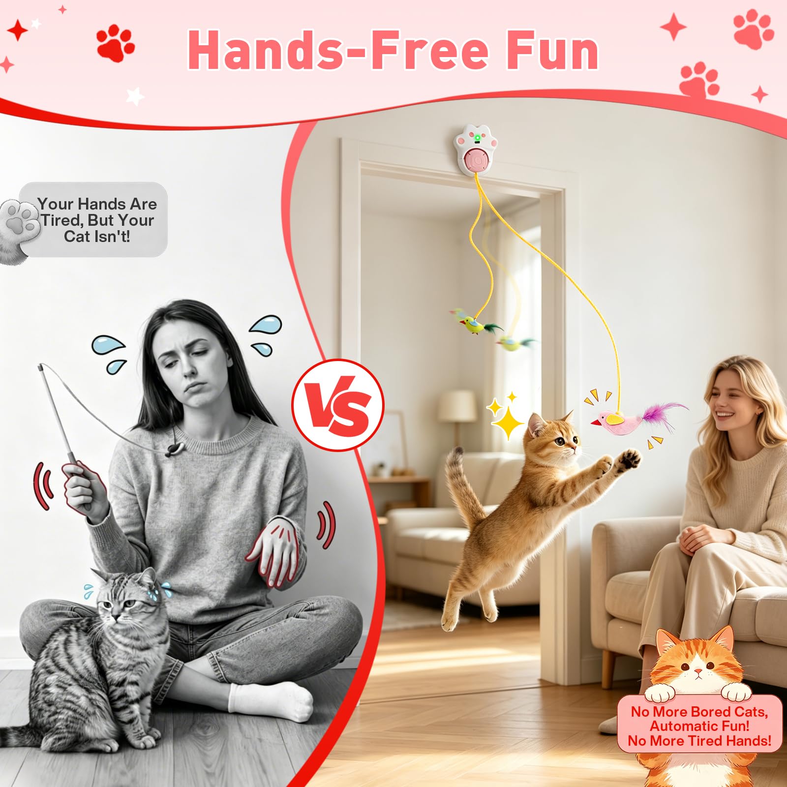 DoubleCare Juguetes interactivos para gatos de interior, juguete automático de plumas de pájaro volador para gatitos aburridos y gatos adultos, manos libres o de mano, rosa