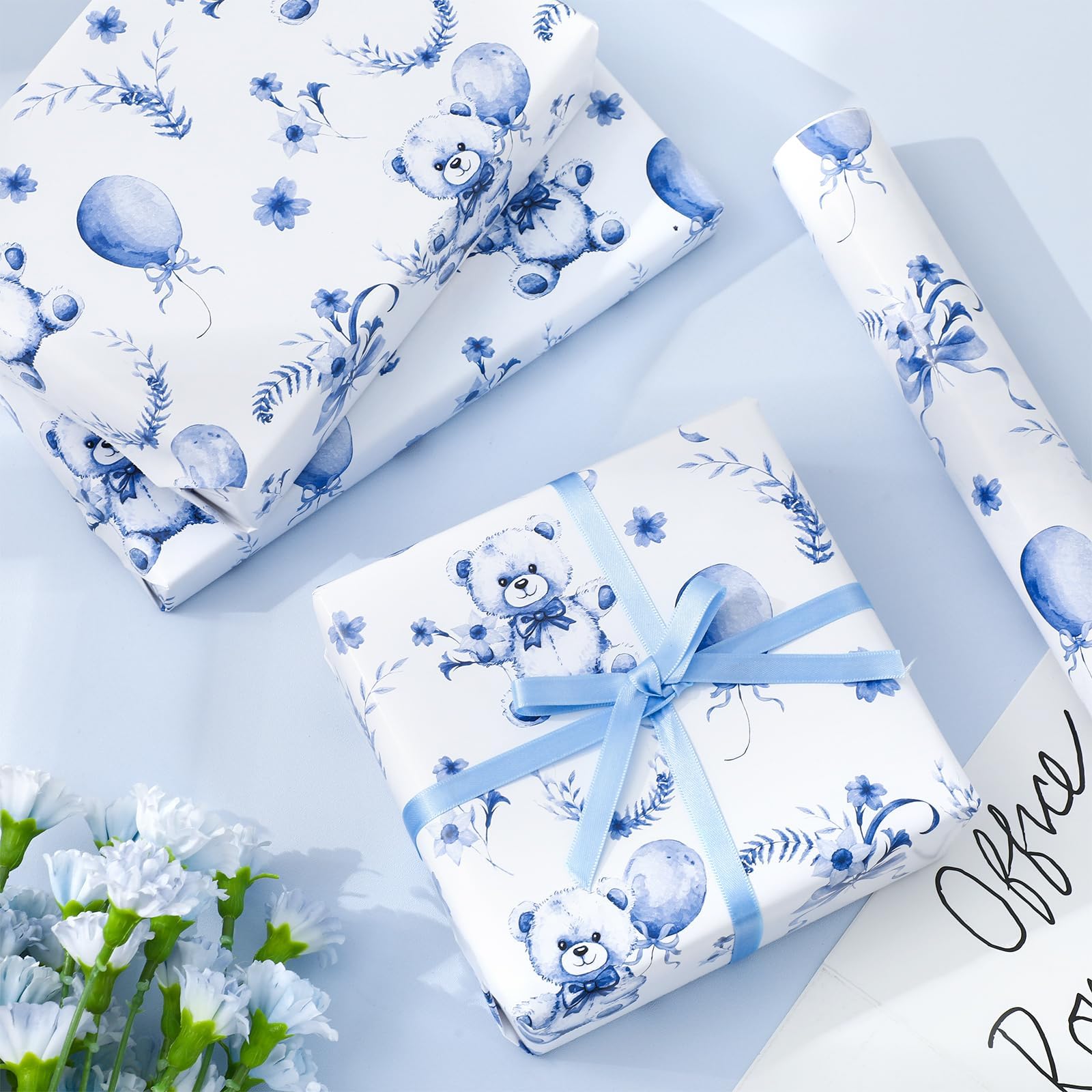 Bear Wrapping Paper -Mini Roll- 17 Inch x 32.8Ft Blue Balloon Bear Flower Gift Wrap Paper for Baby Shower Gender Reveal Party DIY Crafts