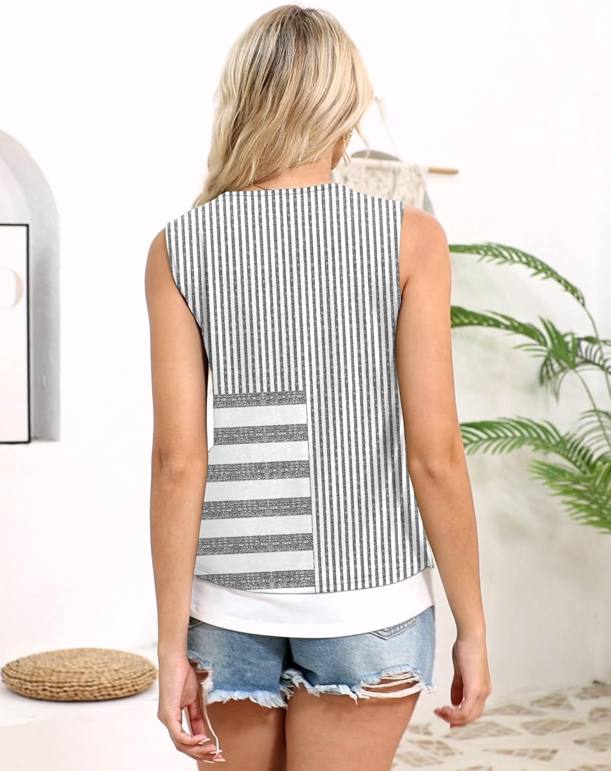 Womens Summer Tops Casual Scoop Neck Button Pleated Sleeveless Shirts Loose Fit Trendy Blouses - Image 7