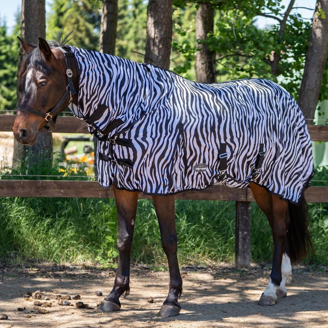 Marengos Zebra-Fliegendecke mit Halsteil & Bauchlatz 145cm robuste atmungsaktive Ekzemerdecke Insektenschutz winddurchlässig Outdoor-Pferdedecke