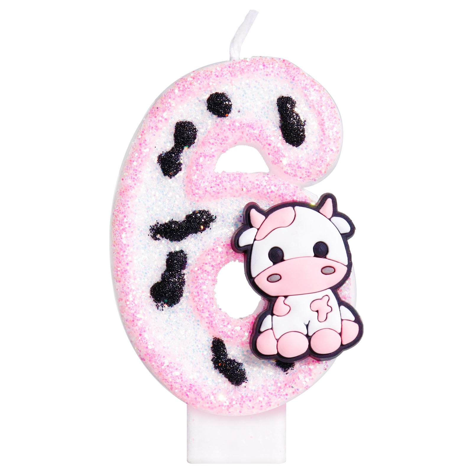 Velas de cumpleaños con purpurina de vaca rosa número 6, decoraciones de cumpleaños de 6 años, vela número 6 para pastel, vela temática de vaquera para niñas, decoración de fiesta de 6º