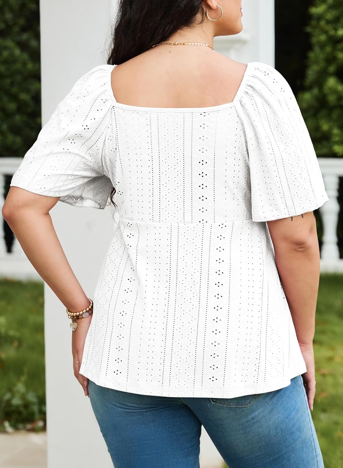 Eytino Womens Plus Size Tops Sweetheart Neck Short Sleeve Eyelet Embroidery Summer Loose Peplum Shirts(1X-5X) - Image 2