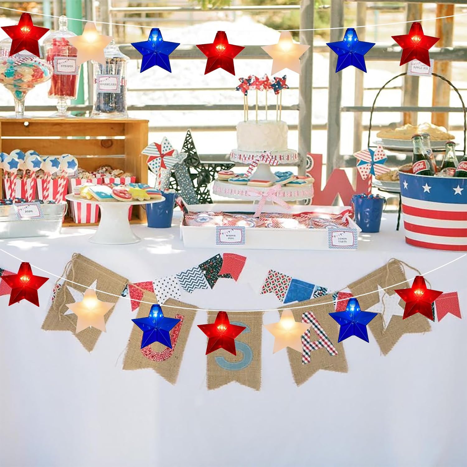 Red White Blue Star Lights Decorations,10 Star Lights Plug in Patriotic String Light Waterproof for Indoor Outdoor Independence Day Party 4th of July Garland Decoration