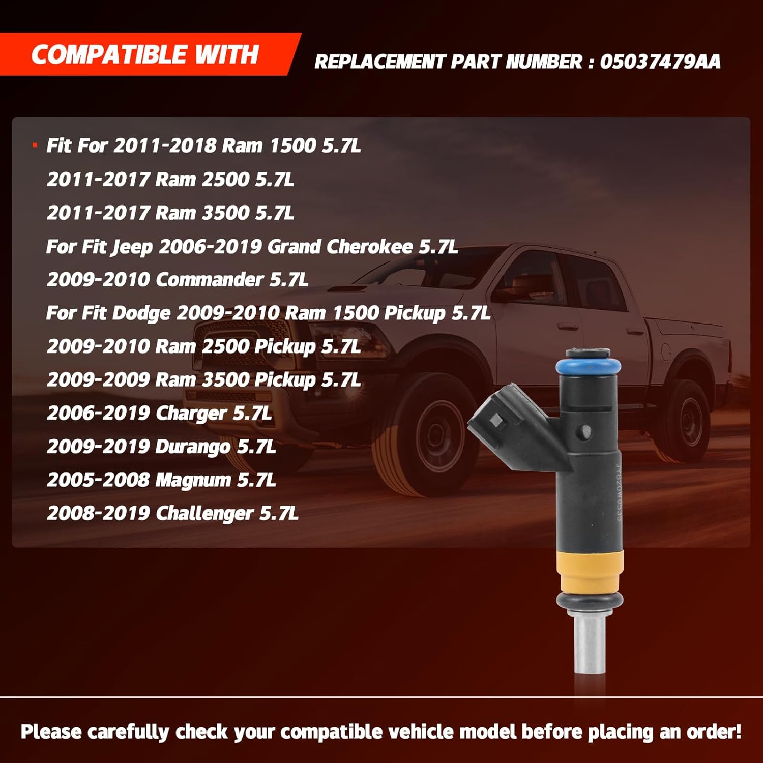 05037479AA Fuel Injectors Compatible with 5.7L HEMI V8 Engine for Dodge Ram 1500/2500/3500 2011-2017 Dodge Charger 2007-2016 for Jeep Grand Cherokee 2006-2010