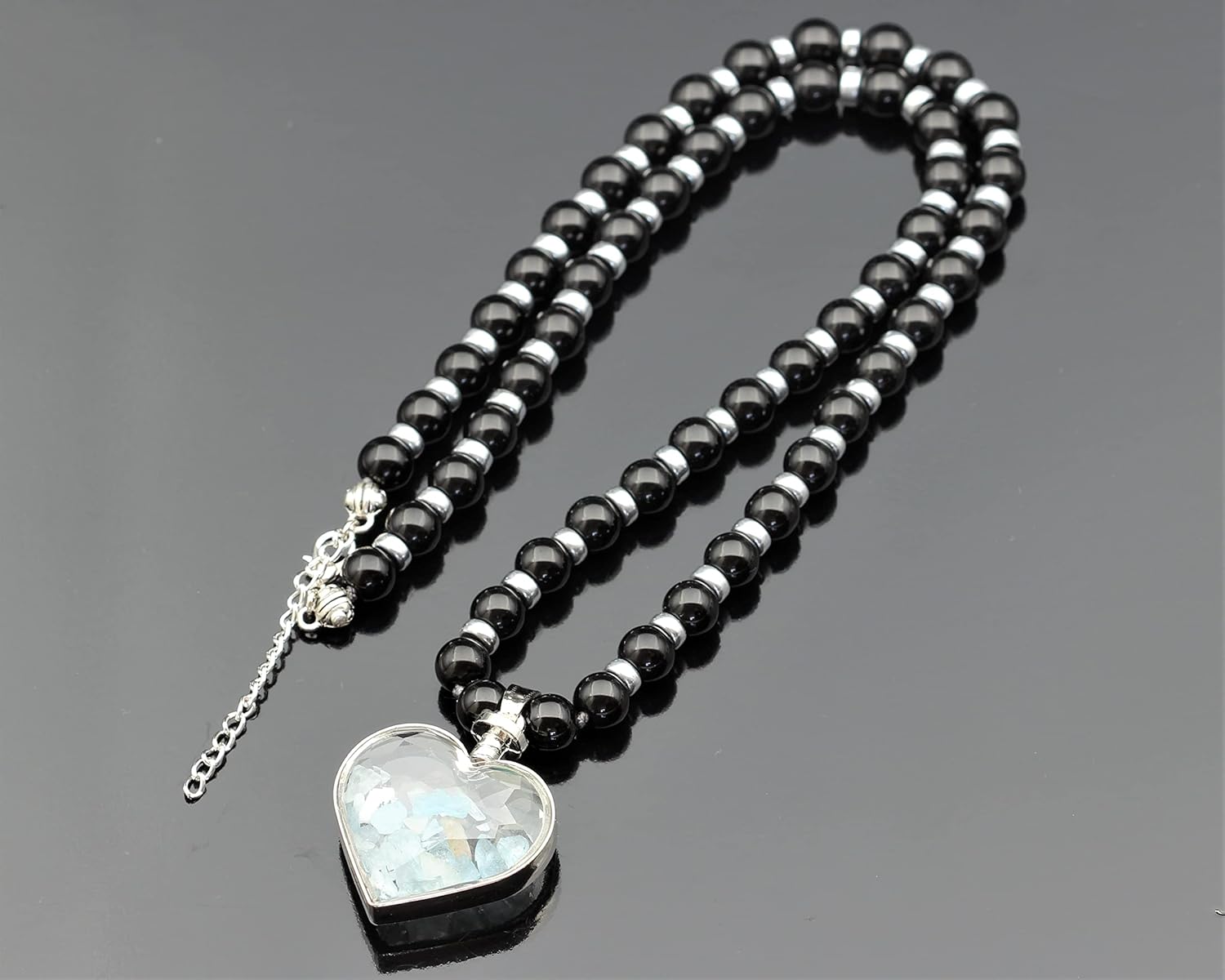 ElisaJewelryArt - Women's Natural Heart Aquamarine Pendant Necklace Black Onyx Beaded Necklace Genuine Gemstone Relaxation Stone Clasp Closure Hematite Necklace Unisex Necklace - Image 2
