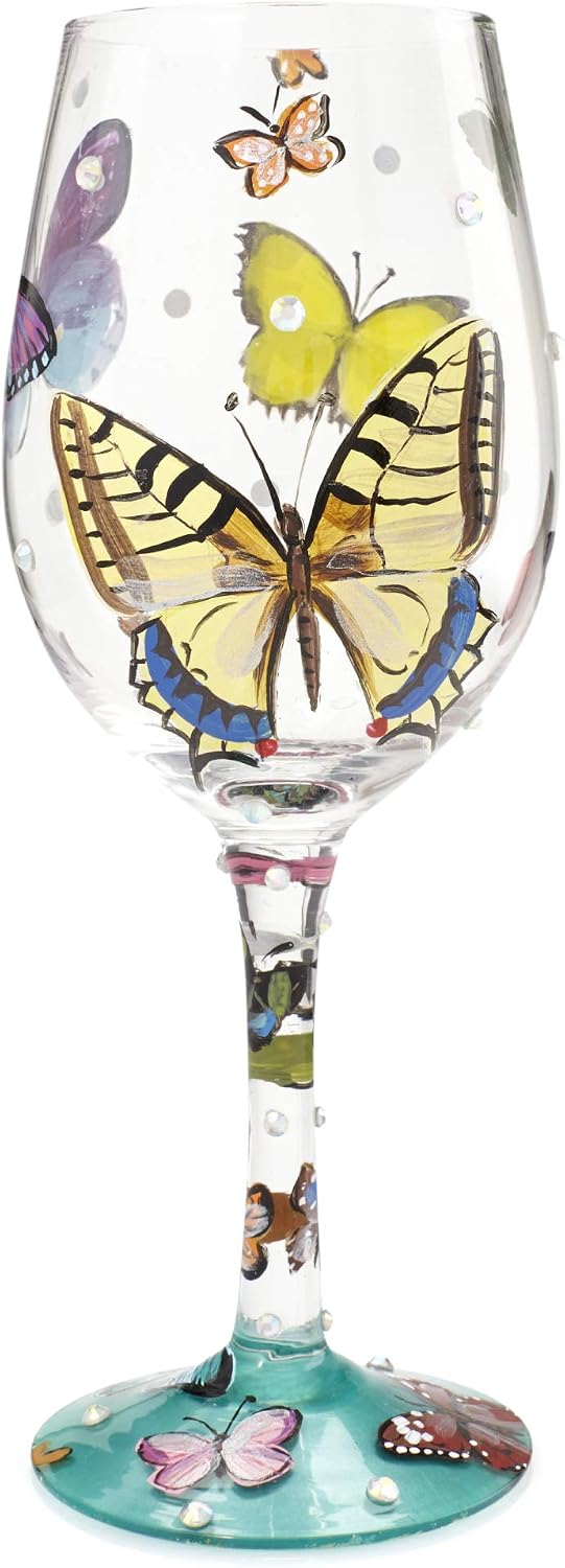 Designs by Lolita “Butterflies” Hand-painted Artisan Wine Glass, 15 oz.