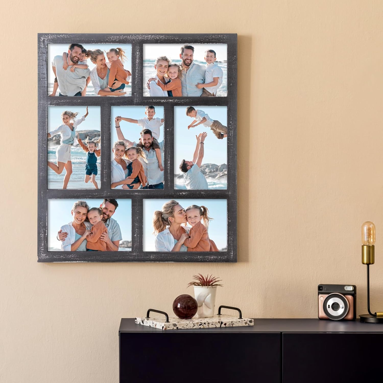 Donmills 7 Openings Photo Collage for Wall Decor, 4x6 Picture Frame Collage for Wall Mounting or Tabletop, Wooden Multiple Photo Frame Display 4x6 Pictures for Desk, Office, Living Room, Grey