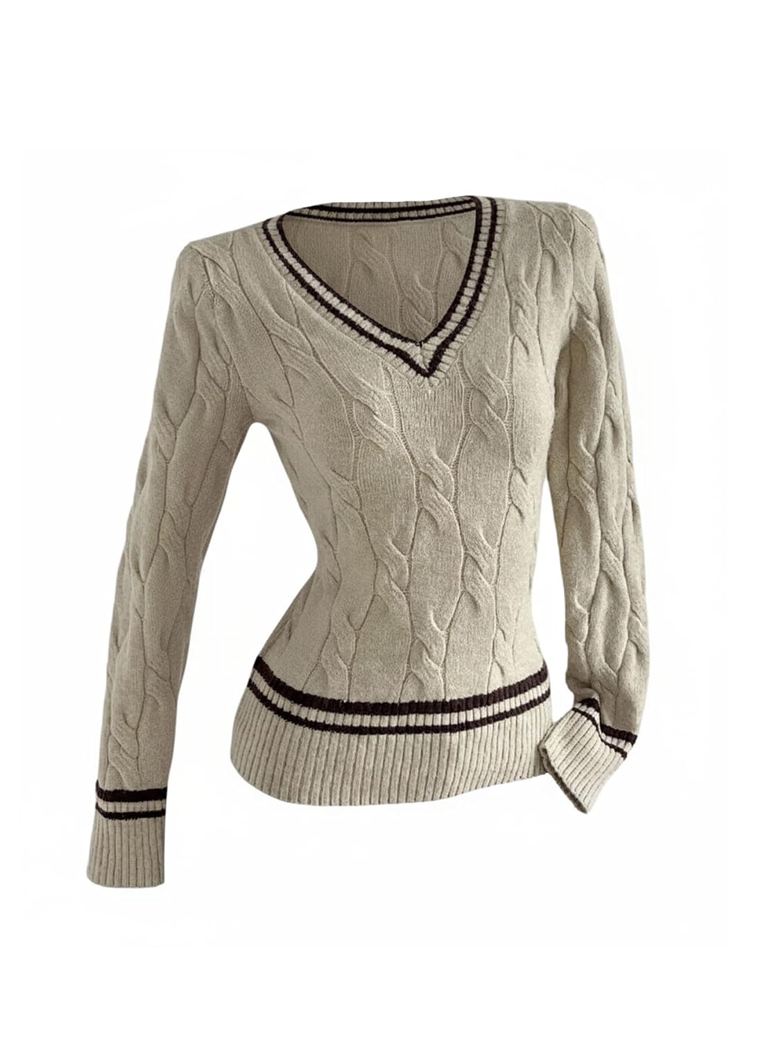 Verdusa Womens Preppy Cable Knit Sweater Slim Fit Stripe V Neck Tops Elegant Fall Pullovers