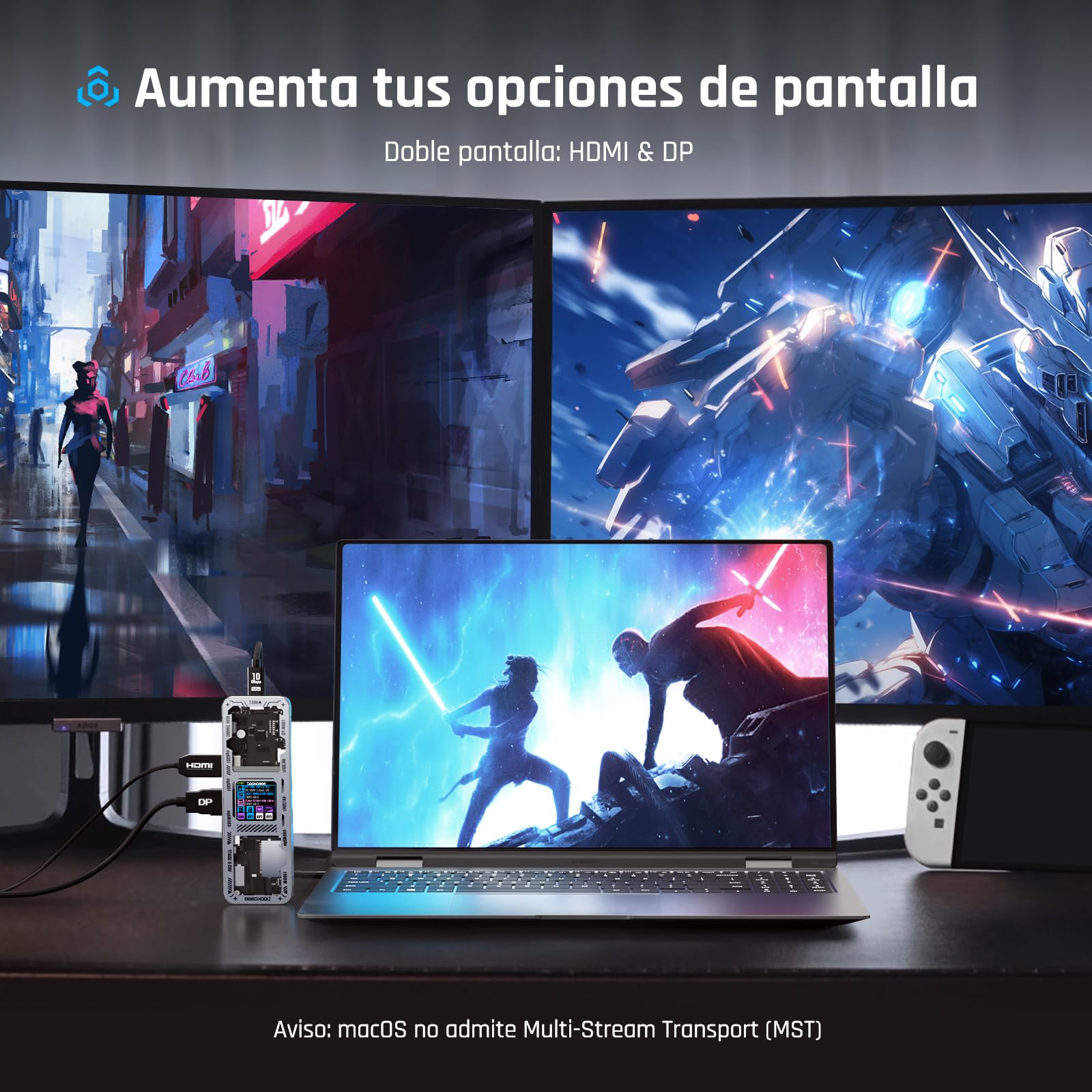 DOCKASE Smart USB-C Hub 10 en 1 Explorer Edition, Doble Pantalla 4K@60Hz, PD 100w, RJ45 Ethernet, 2 USB 3.2, 2 USB 2.0, Lector de Tarjetas UHS-II SD/TF, Dock USB C (Plata Brillante)