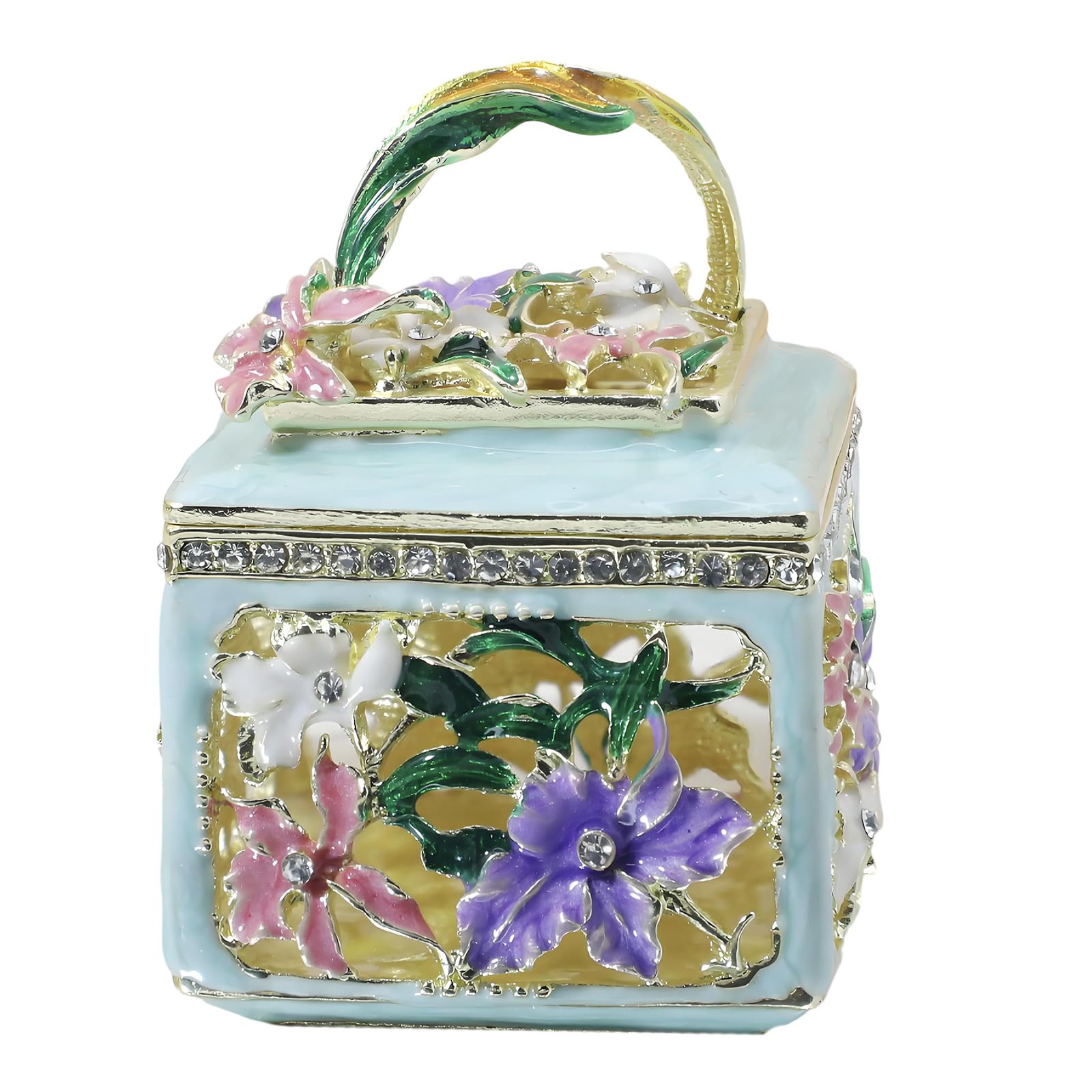 Shntig Multicolor Earring And Jewelry Storage Box, Floral Metal Trinket Organizer With Lift Top Lid And Basket Handle For Vanity Counter And Dresser Display Accent Case Floral Organizer Metal Box Hinged Lid Basket Case