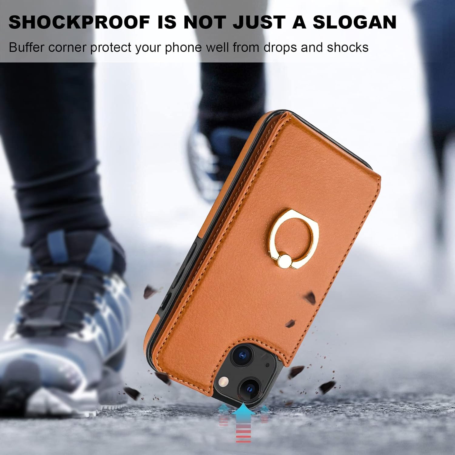 Folosu Compatible with iPhone 14 Case Wallet with Card Holder, 360°Rotation Finger Ring Holder Kickstand, RFID Blocking Leather Protective Double Buttons Shockproof Cover 6.1 Inch Brown - Image 7