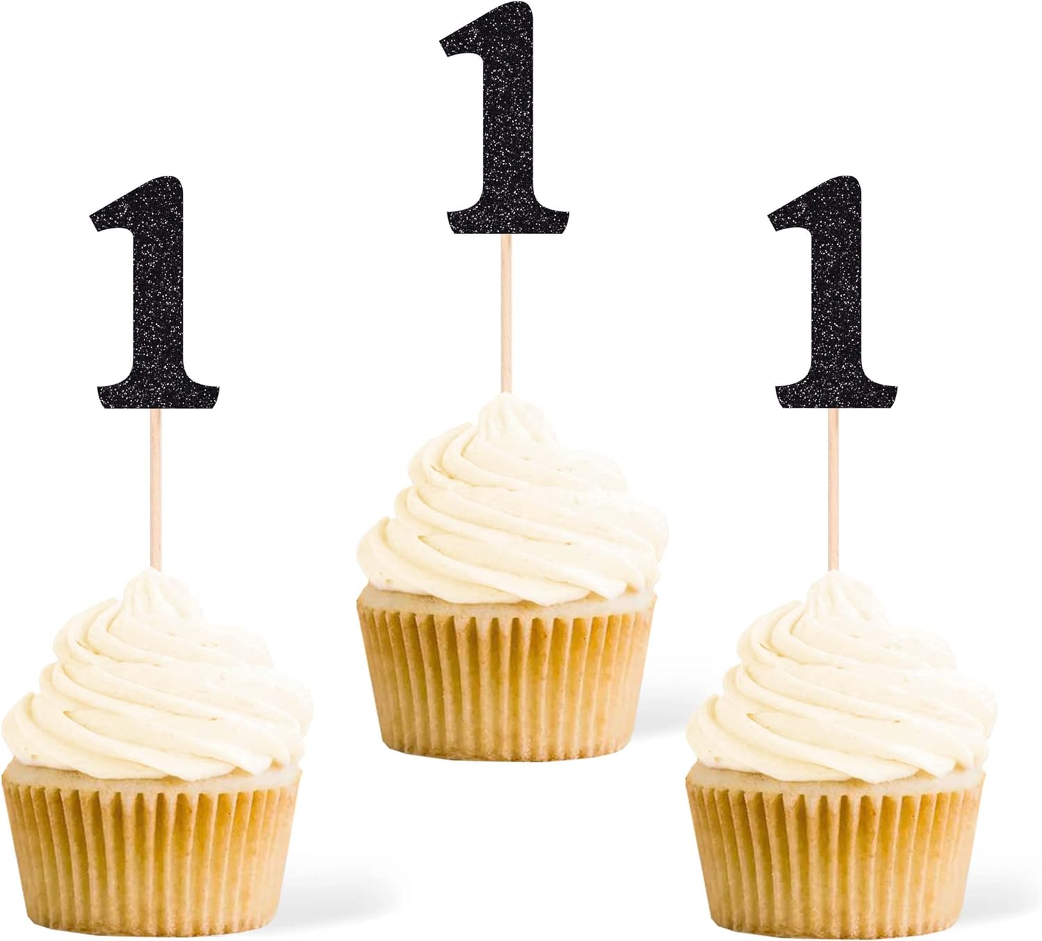 Gexolenu 24 PCS Black Double-sided 1st Birthday Cupcake Toppers, Glitter Age ONE Cake Picks Decor, First Happy Birthday Party Decorations Baby Shower Anniversary Party Supplies