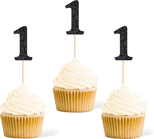 24 piezas negras de doble cara para cupcakes de primer cumpleaños, decoración de pasteles, decoración de primera fiesta de feliz cumpleaños, baby
