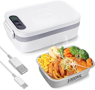 Cordless Electric Lunch Box for Adults, 1L Rechargeable Heated Lunch Box, Portable Self Heating Food Warmer Battery Powered for Work, Office, Car, Travel, Picnic & Outdoor