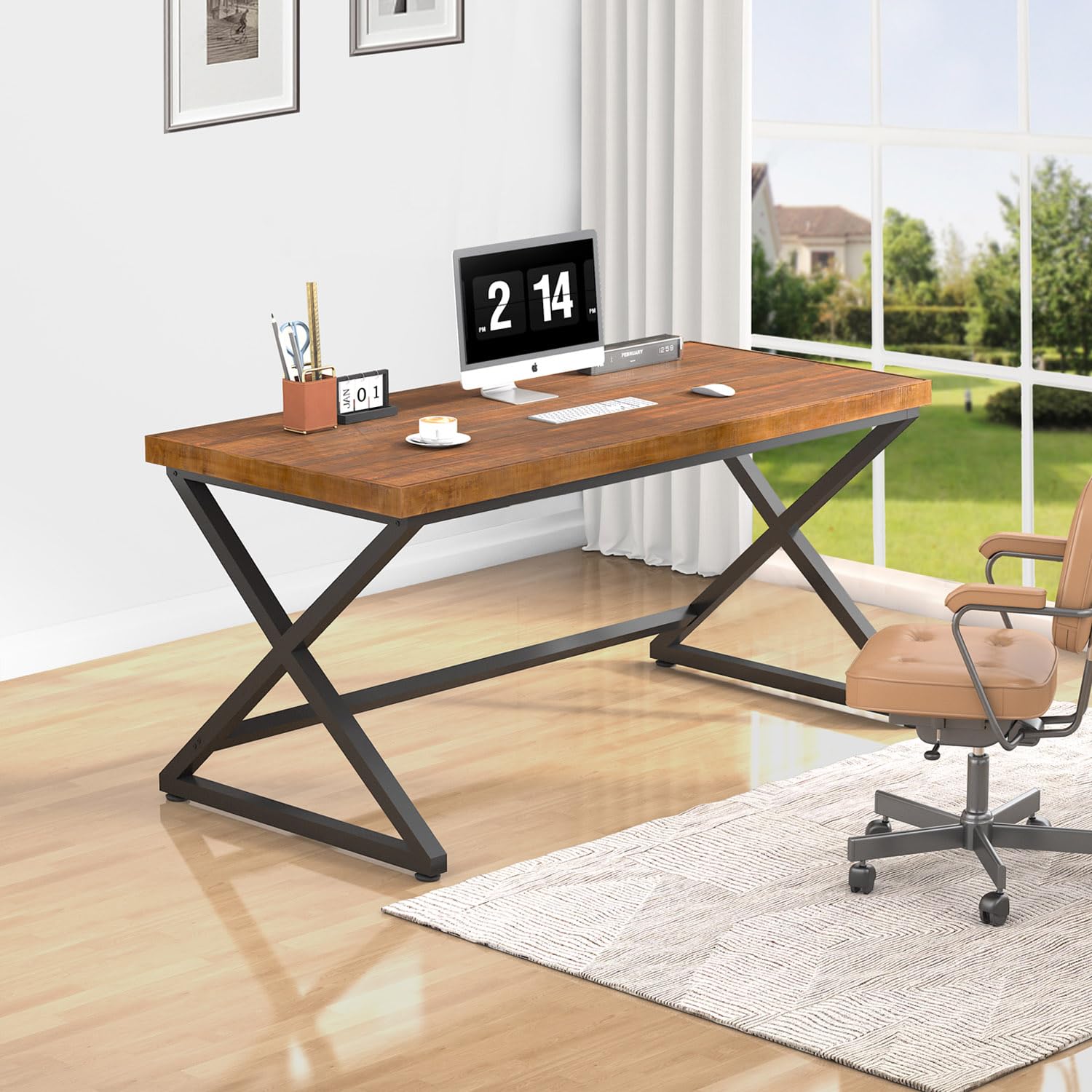 IBF Escritorio de madera maciza, 140 cm, mesa de ordenador con estructura de metal, rústico, para oficina, salón, dormitorio, estudio, marrón