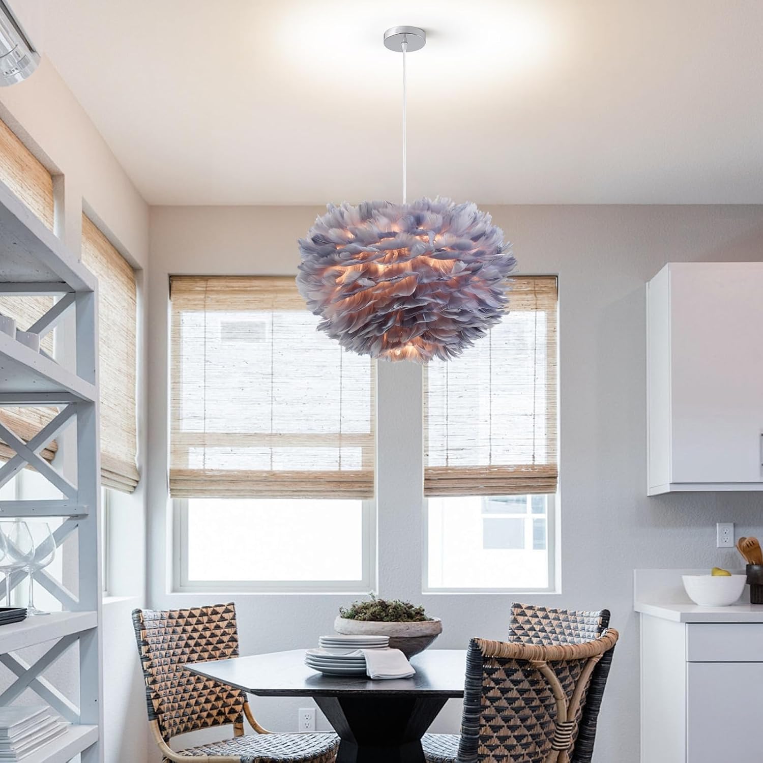 Gray Feather Pendant Light Nordic Feather Chandeliers15.8 Modern Goose Feather Hanging Light Dining Room Lights Fixture for Girl Bedroom Living Room Entry Kitchen Island