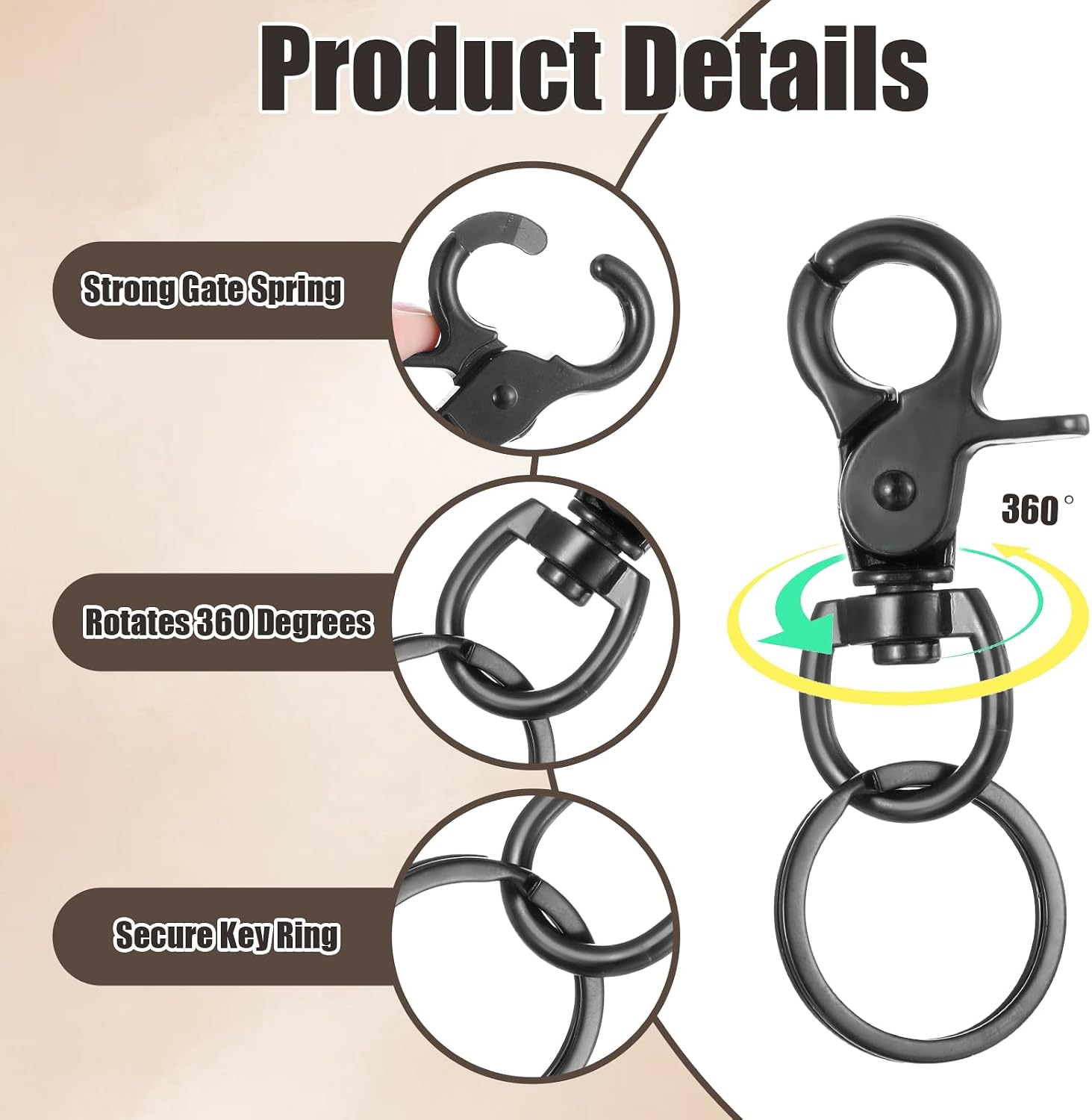 JIEYAO 6 Pcs Black Swivel Snap Hooks, 60mm Zinc Alloy Trigger Carabiner, Heavy Duty Swivel Eye Snaps Door Lock Pets Cage Clip Flag Clips for Marine Sports Luggages Pets Swings Keychains