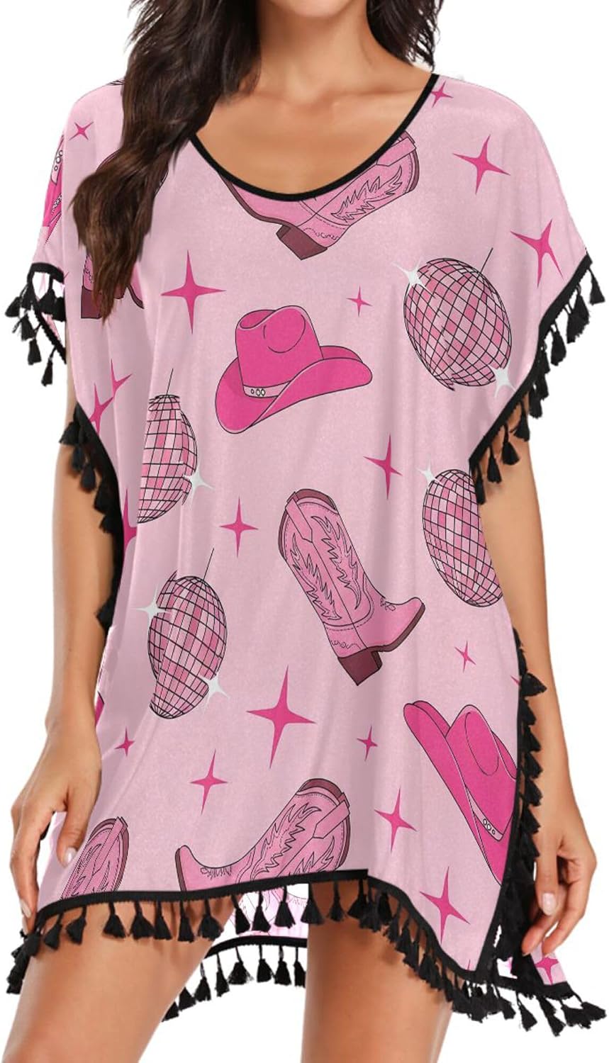 Exnundod Women Swimsuit Cover Ups Tassel Coverup Pink Cowboy Boots Hat Disco Ball Beach Swim Cover-up Shirt S-L