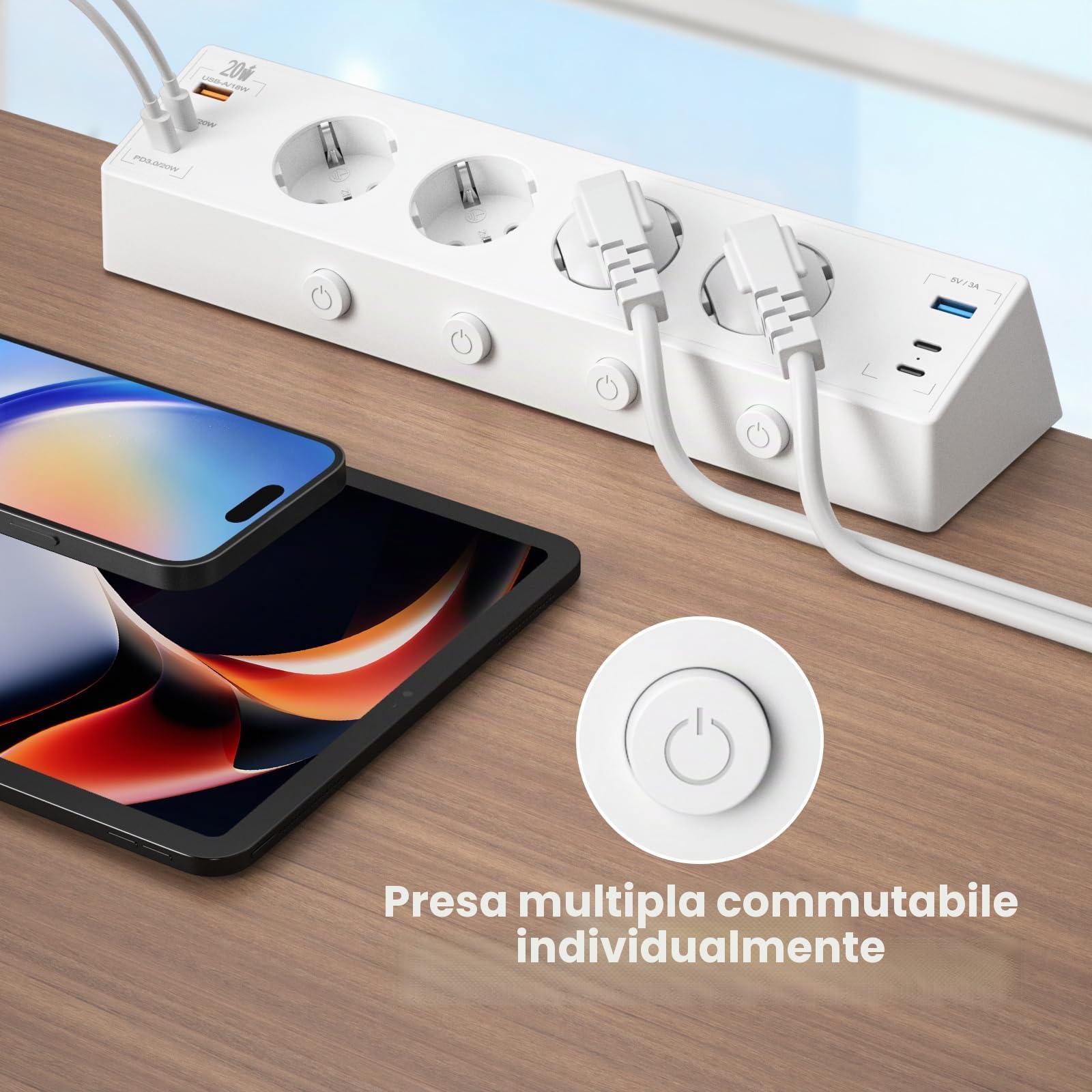 Ciabatta Multipresa da Tavolo con USB C 20 W, Multipresa USB con Interruttore Commutabile Singolarmente, Ciabatta Elettrica Multipresa con 4 USB C e 2 USB A, Cavo da 2M, Bianco