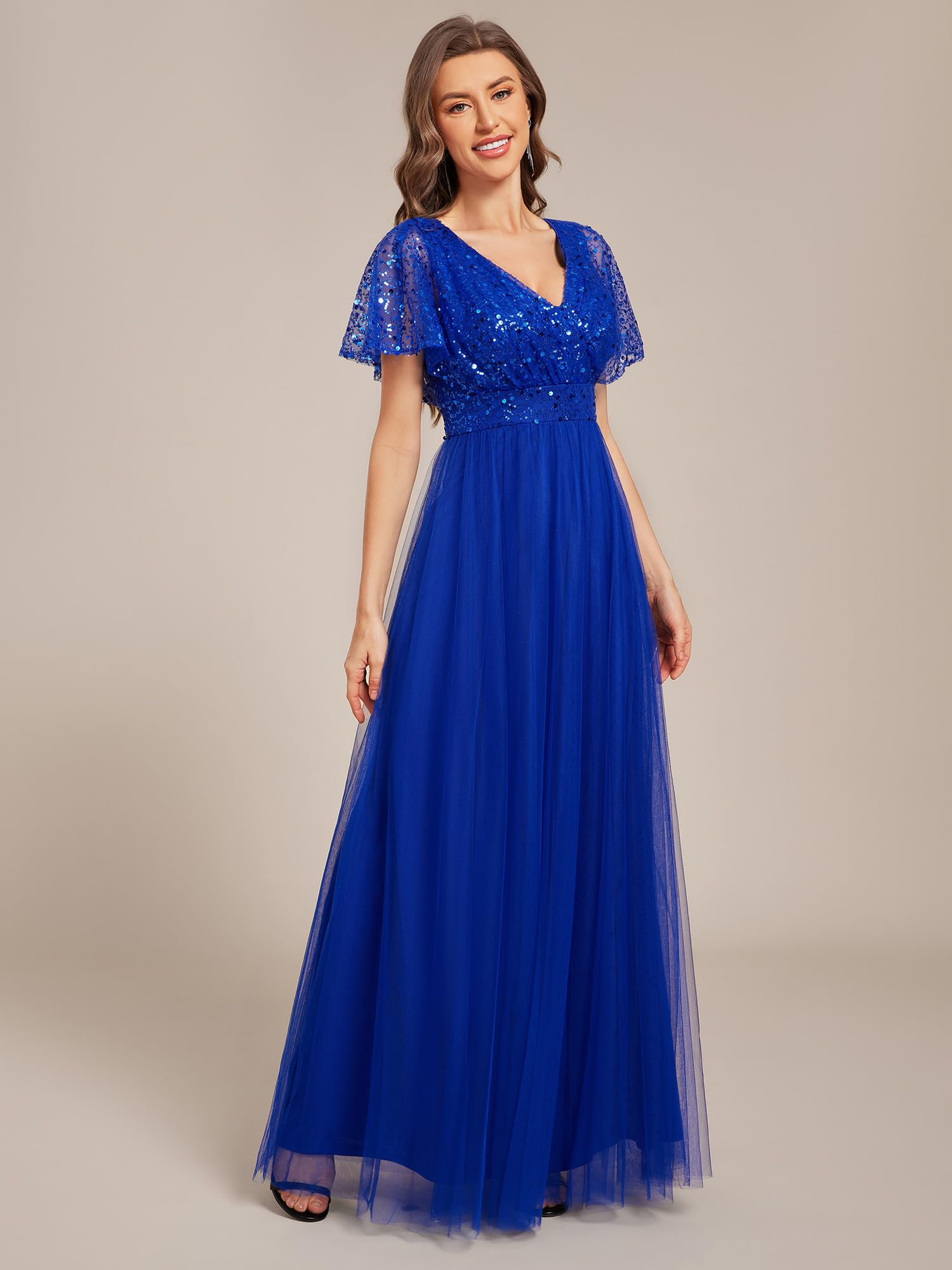 Ever-Pretty Robe de Soirée Chic Col en V Manches Courtes Mousseline Maxi Robe évasée EE02223